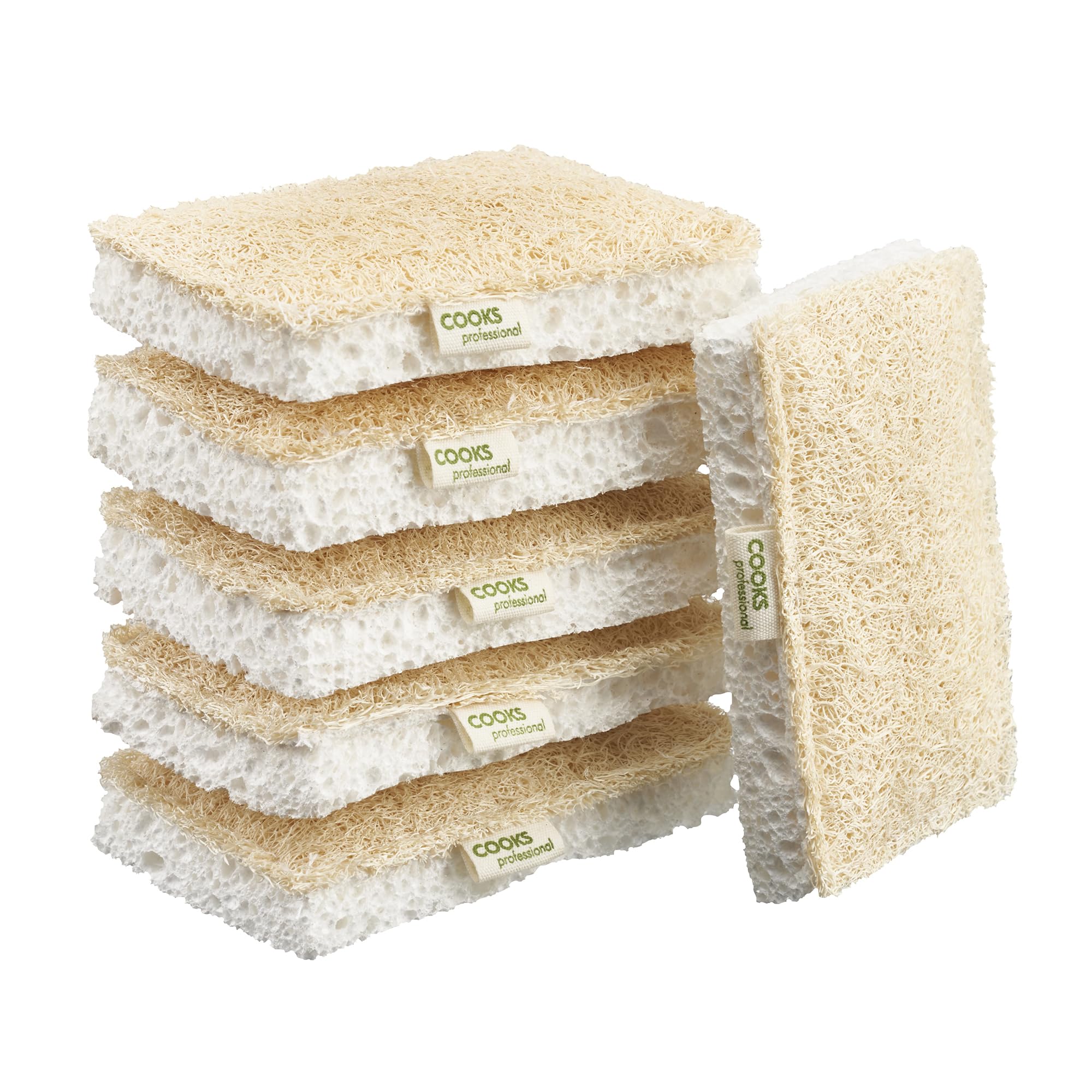 Cooks Professional Set of 6 Eco Scourer Sponges | Biodegradable & Compostable Multipurpose Cleaning Sponge for Kitchen, Bathroom, Household | 100% Natural Cellulose & Loofah | Plastic Free |