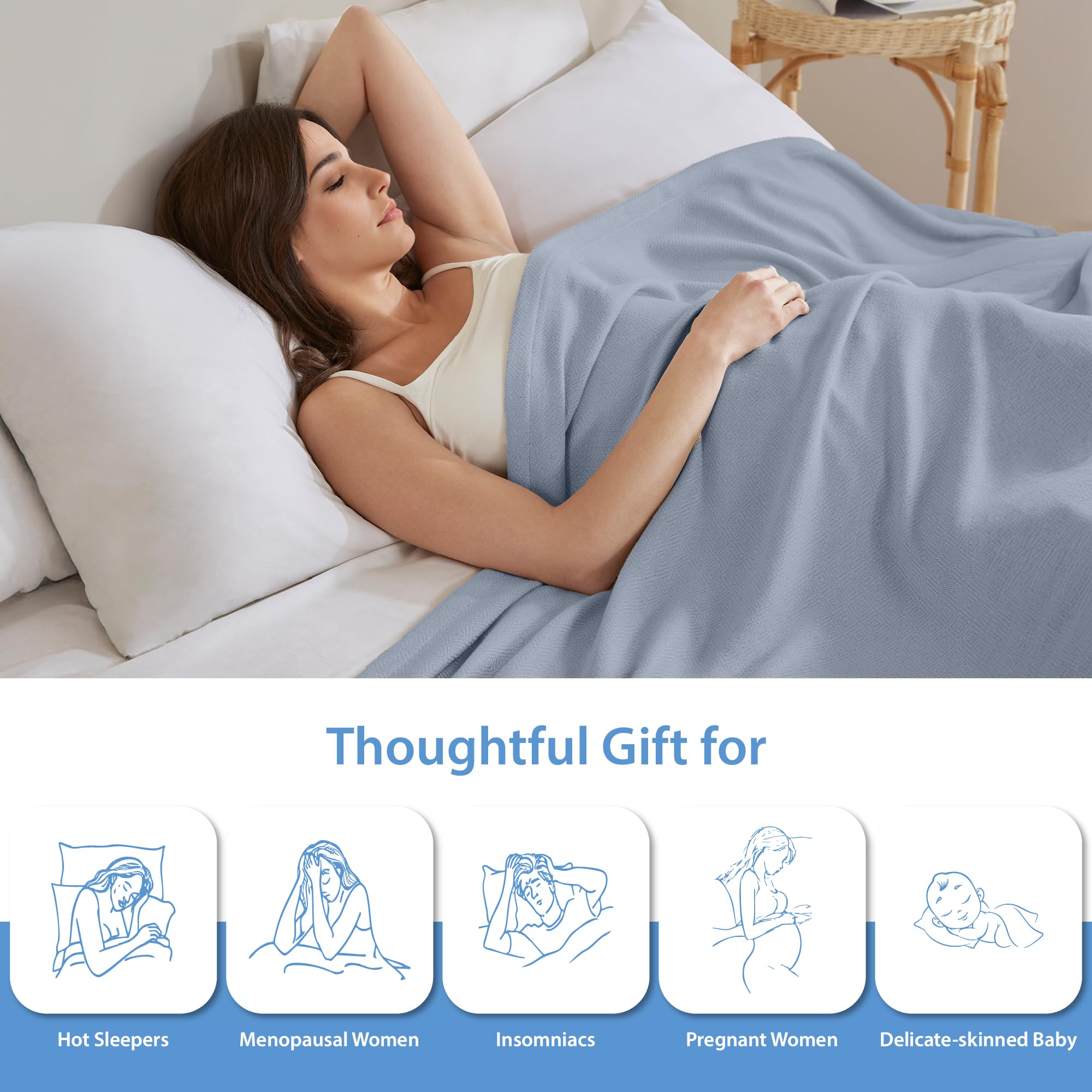 Manta de algodón refrescante tamaño Queen, manta de verano transpirable de rayón derivado de bambú y algodón, manta suave y ligera para cama, sofá y sofá, 90 x 90 pulgadas, azul claro