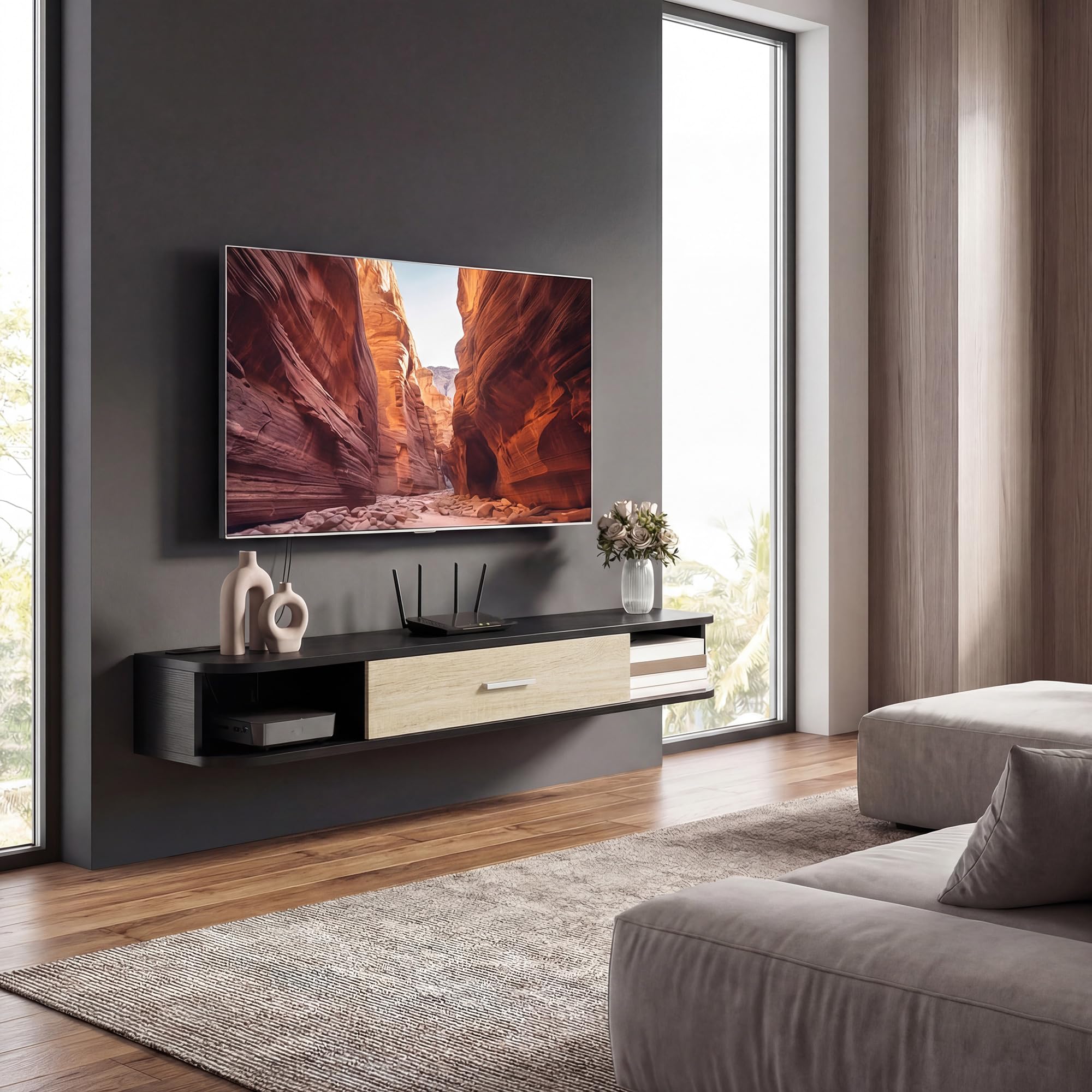 HOMCOM Meuble TV Suspendu 120 cm, Meuble télé pour téléviseur jusqu'à 50 Pouces avec Porte Rabattable, 2 Étagères Ouvertes et Passe-câbles, Banc TV Flottant pour Salon et Chambre, Noir et Chêne