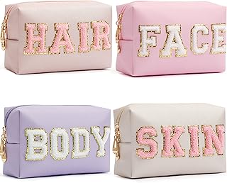 HBselect 4 Pcs Chenille Letter Patch Makeup Bags - Portable Waterproof Cosmetic Organizer for Women
