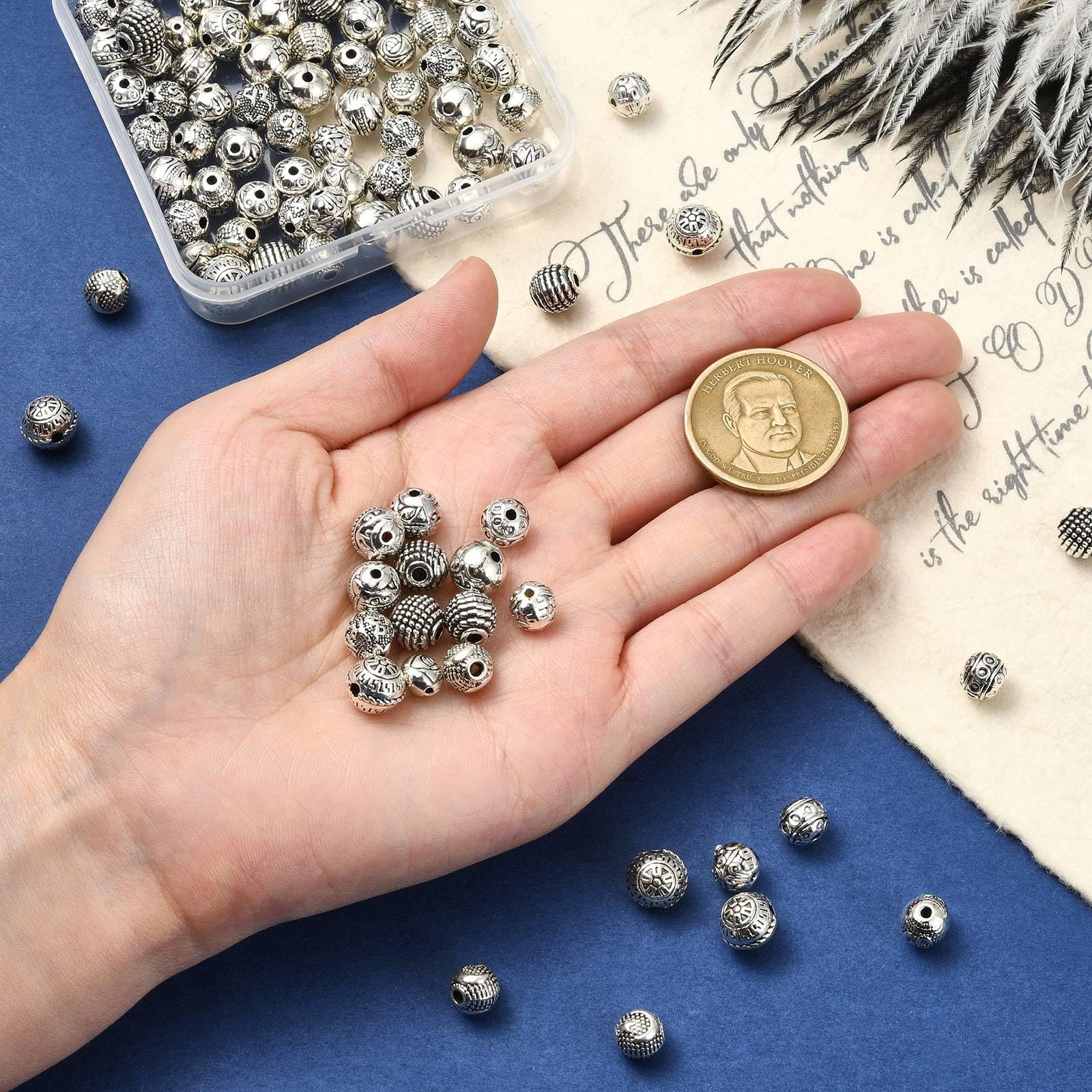 Stiesy 100Pcs 10 Styles Tibetan Style Alloy Round Beads 7mm 8mm 9mm Vintage Antique Silver Metal Spacer Beads Loose Beads for DIY Necklace Bracelet Jewellry Making Accessories - Image 4
