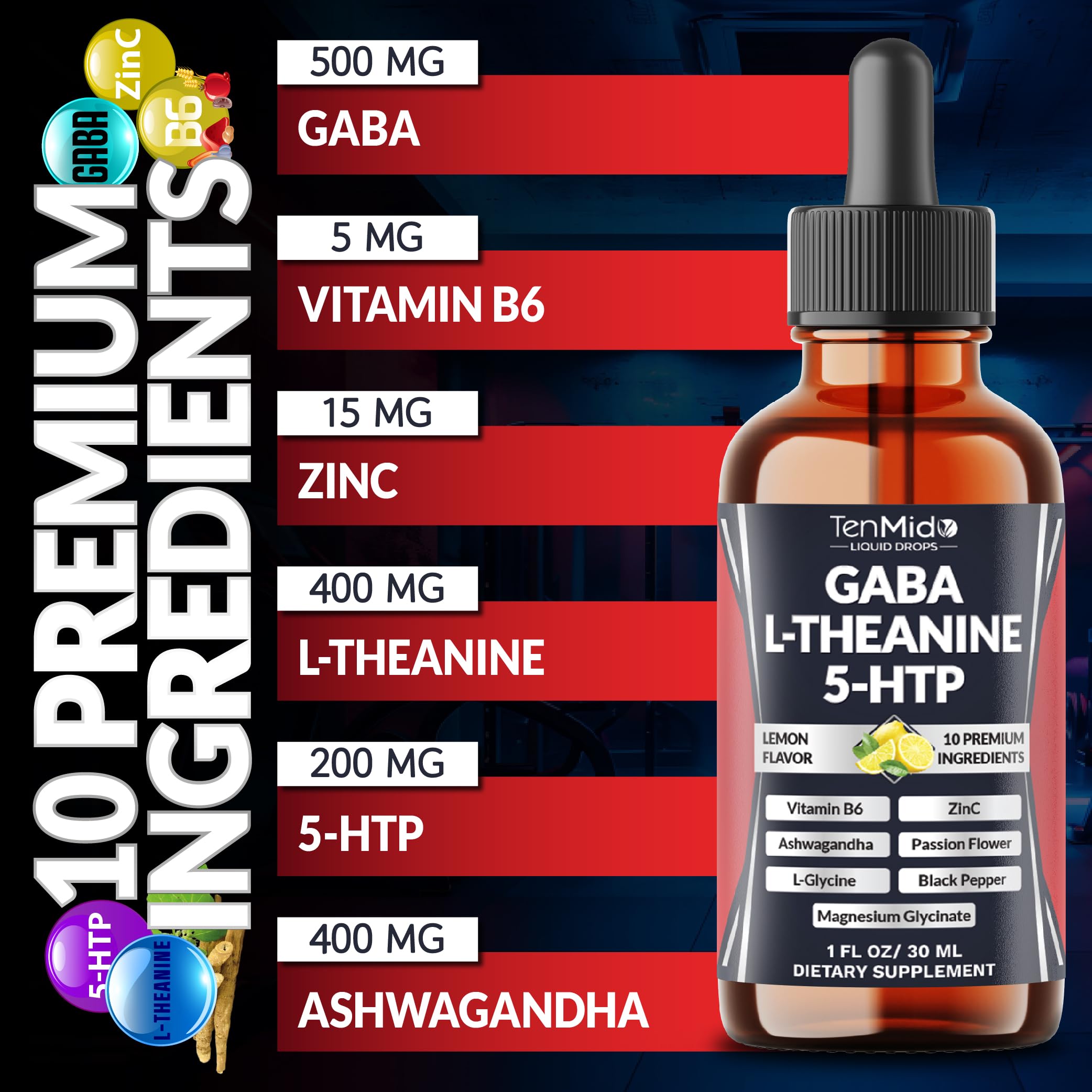 10in1 GABA L-Theanine Supplement Liquid Drops with 5-HTP, Ashwagandha, Magnesium Glycinate, Passion Flower, L-Glycine, Black Pepper and More - 30ml 1 Fl Oz — Amazon image 3