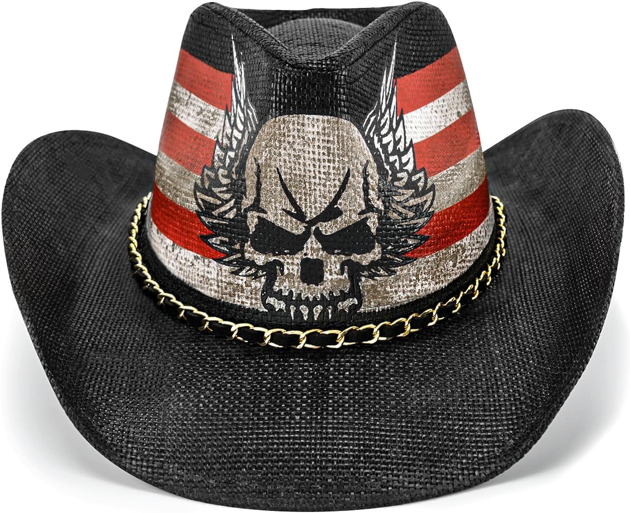 FLUFFY SENSE. Vintage Cowboy Hat USA American Flag Classic Western Style Tea Stained Patriotic Unisex Cowboy Cowgirl Hat with Shapable Brim, Skull Wings - Image 2