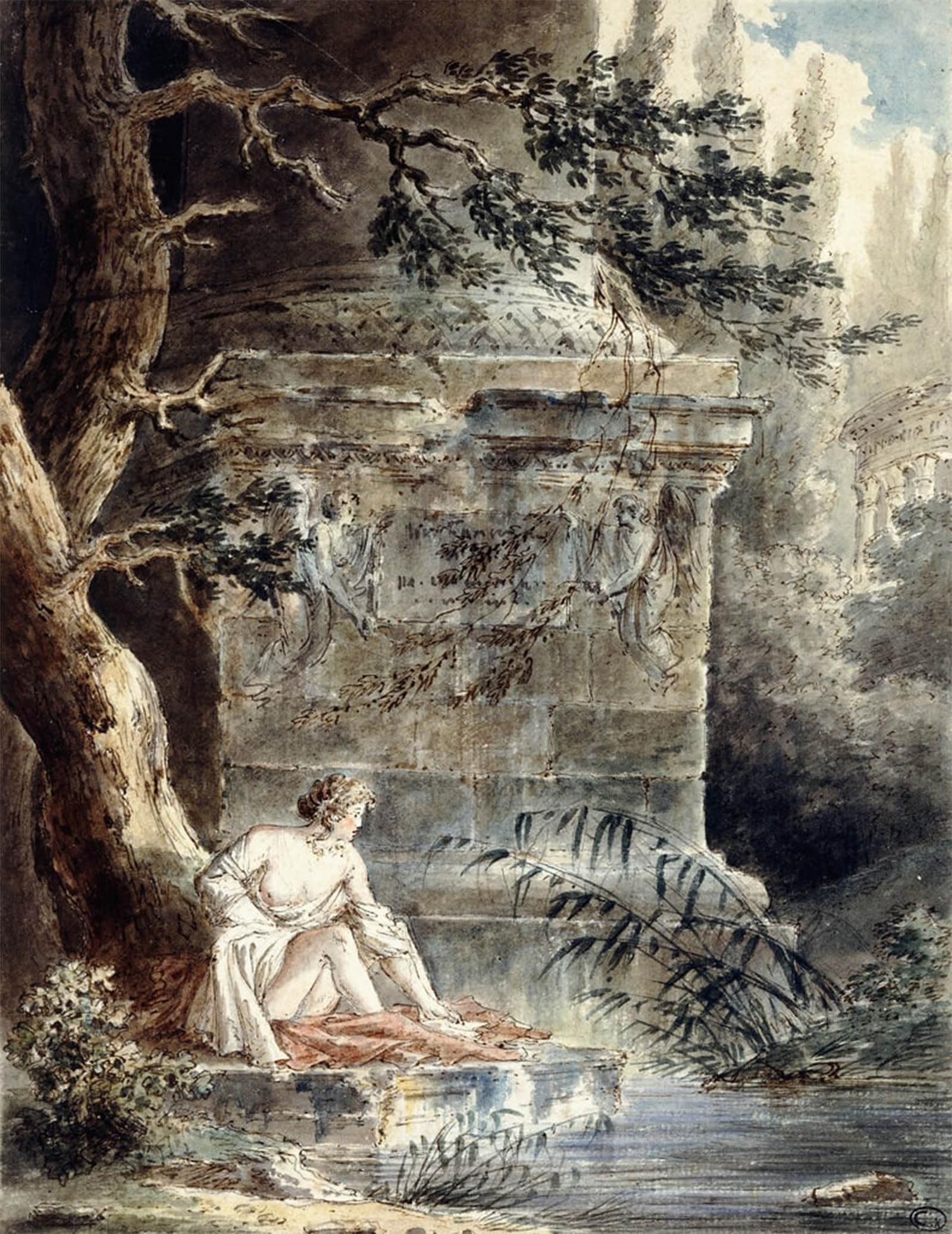 SERENDIPITP Abstract Painting Mural Print Picture Wall Decor Painting a Young Bather Near a Column by Hubert Robert Vintage Wall Artwork for Home Decor 60x90cm