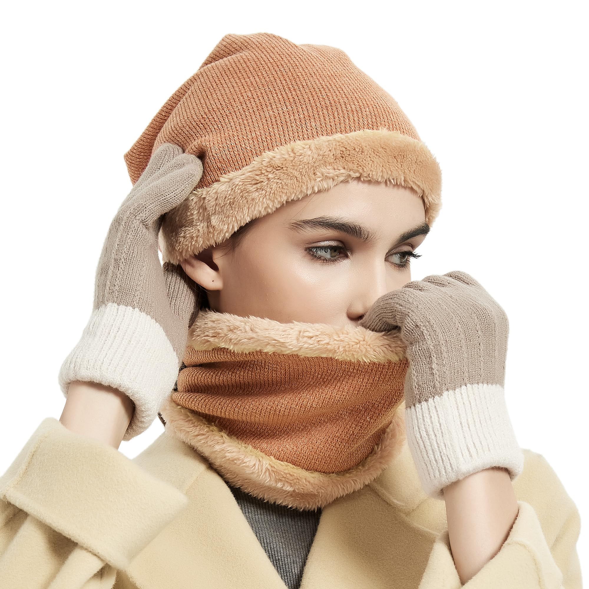 Caldo berretto invernale e sciarpa set elegante maglia teschio berretto per uomo donna, 08 Marrone, taglia unica