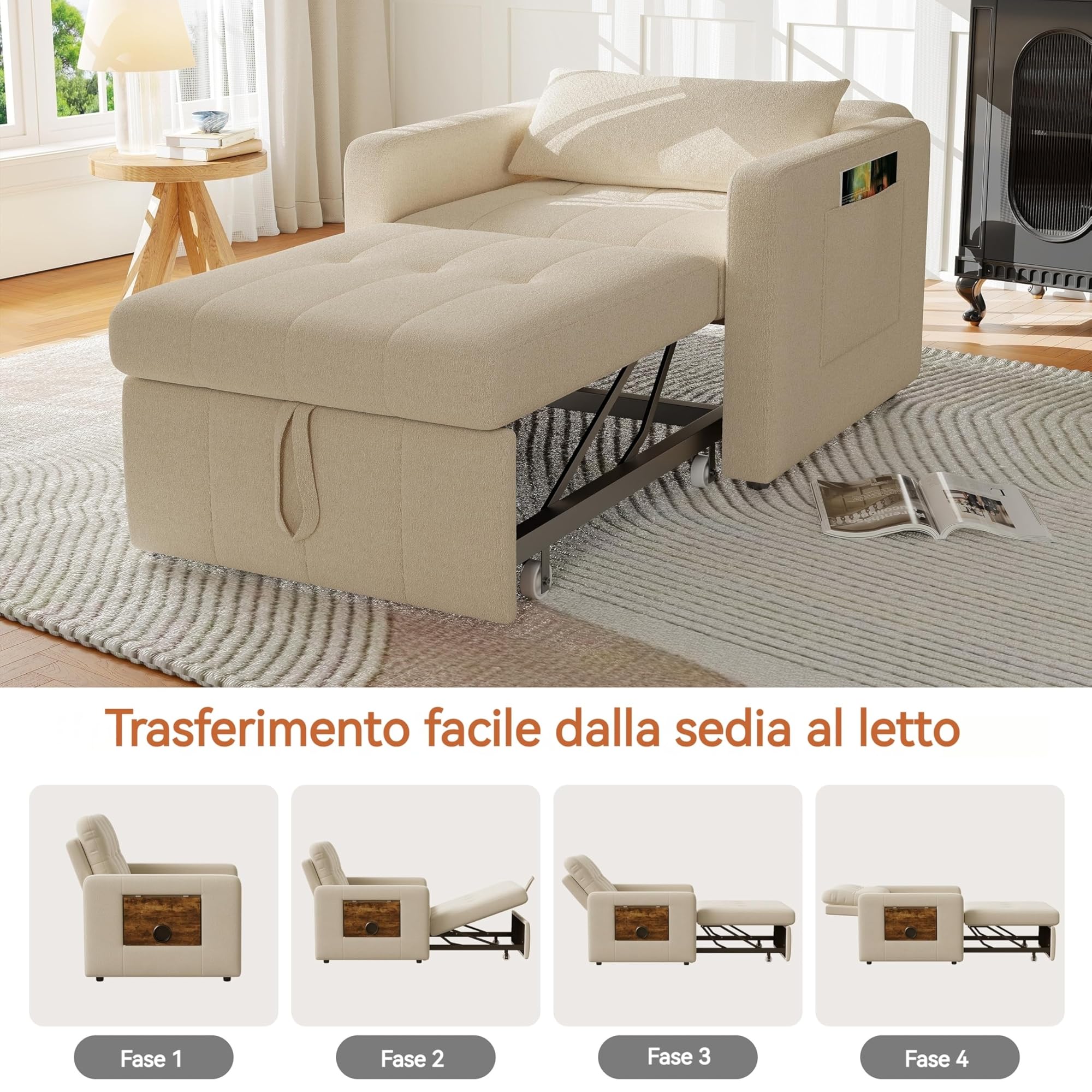 Poltrona letto convertibile 3 in 1, sedia a letto con funzione letto, divano allungabile, letto con tavoli da tè pieghevoli, divano letto singolo, poltrona regolabile con cuscino (beige, 190 x 108 x