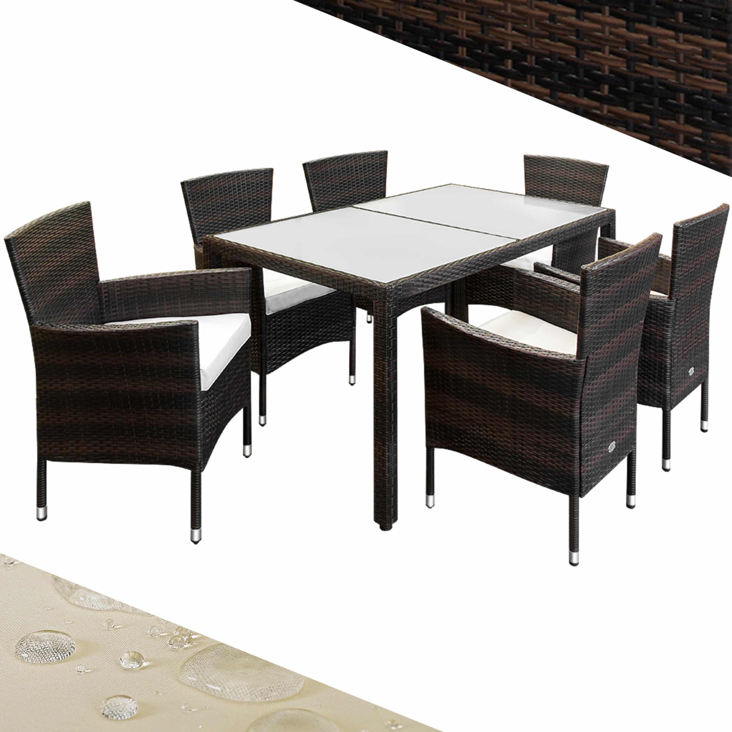Casaria® Gartenmöbel Set 6 Personen Stühle inkl. 7cm Polster Tisch 150x90cm Balkonmöbel 160kg Belastbar Wetterfest Polyrattan Stapelbar Terrasse Möbel braun