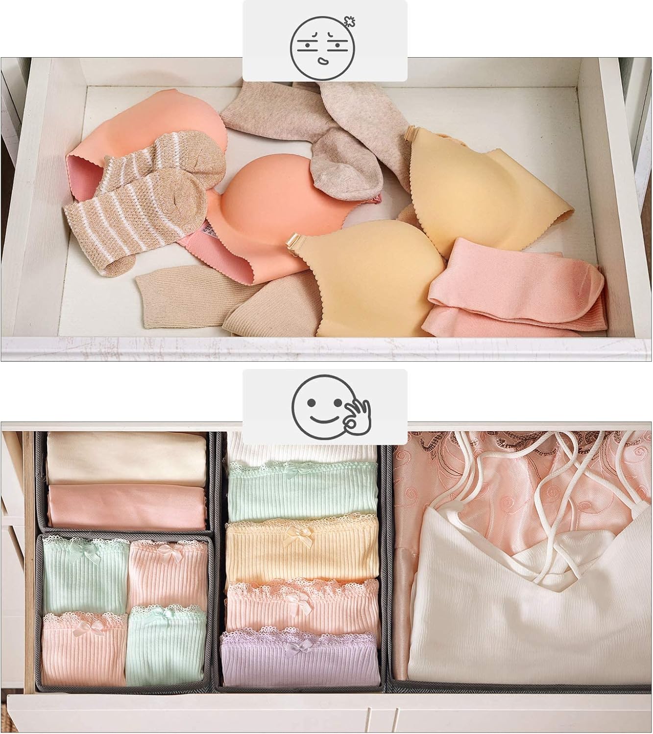 SONGMICS Set di 6 Divisori per Cassetti, Organizzatori per Armadio, Scatole di Stoccaggio Pieghevole in Tessuto Simil Lino, per Calze, Biancheria, Reggiseni, Cravatte, Sciarpe, Grigio RDZ006G01 Grigio Set di 6 - Immagine 5