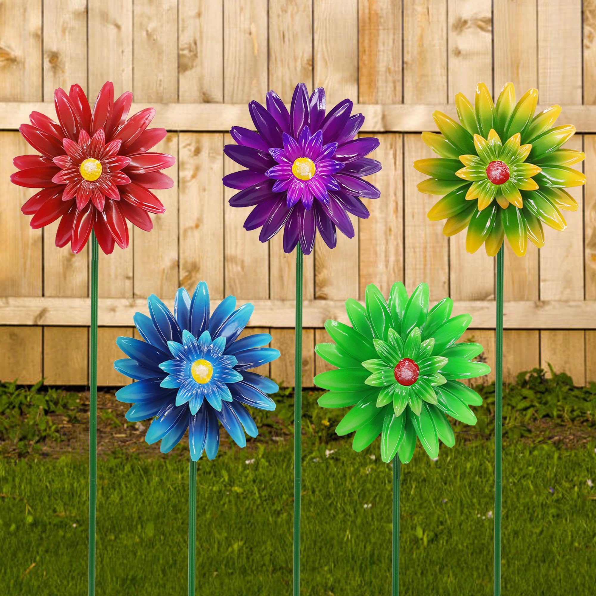 WEIBEFEE 5-Piece Metal Flower Wind Spinner Stakes
