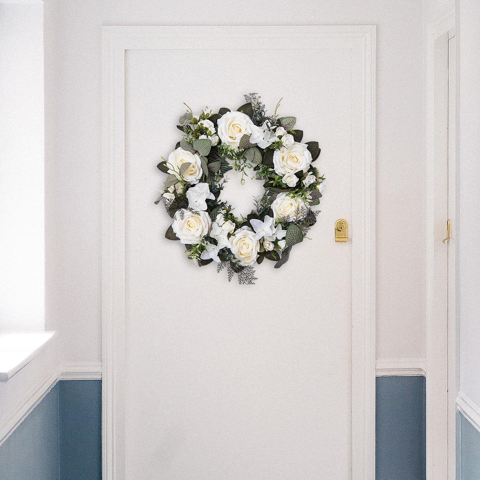 predolo 45 cm Künstlicher Blumenkranz für die Tür, Künstliche Rose Kranz für Haustür, Realistischer Blumen Türkranz Seidenblume Saisonale Kränze - Schöne Dekoration für Hochzeiten und Feste, Weiß