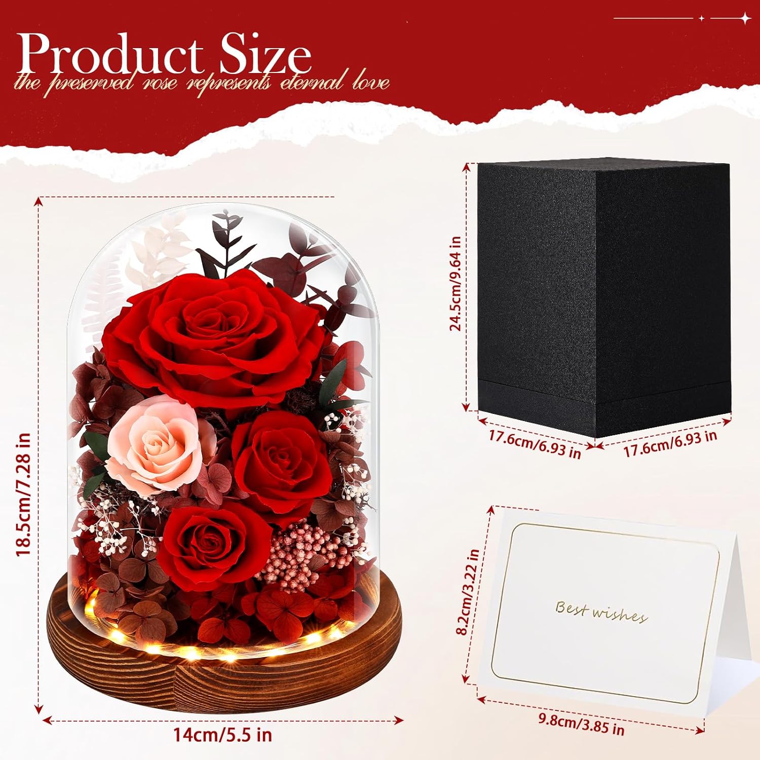 Alupssuc Forever Preserved Real Flowers for Delivery Prime, Eternal Fresh Roses in Glass Dome with LED Lights, Mothers Day Gifts for Mom, Her, Wife, Grandma, Daughter, Women, Girlfriend, Birthday, Red - Image 2