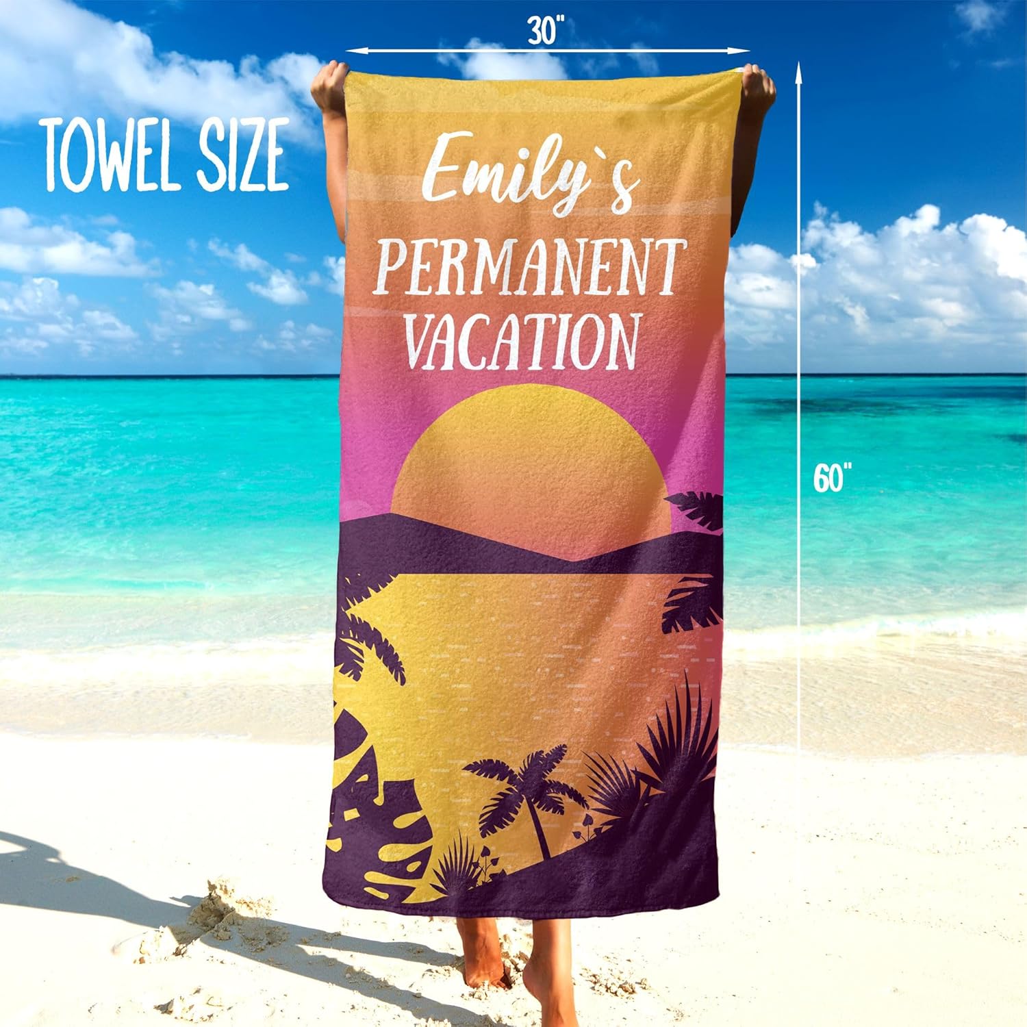Permanent Vacation Beach Towel Personalized Name, Custom Retirement Quick Dry Towel, Employee Retirement Pool Towels, Retired Beach Themed Gifts for Women and Men, 30 x 60 Bath Towels with Names T259