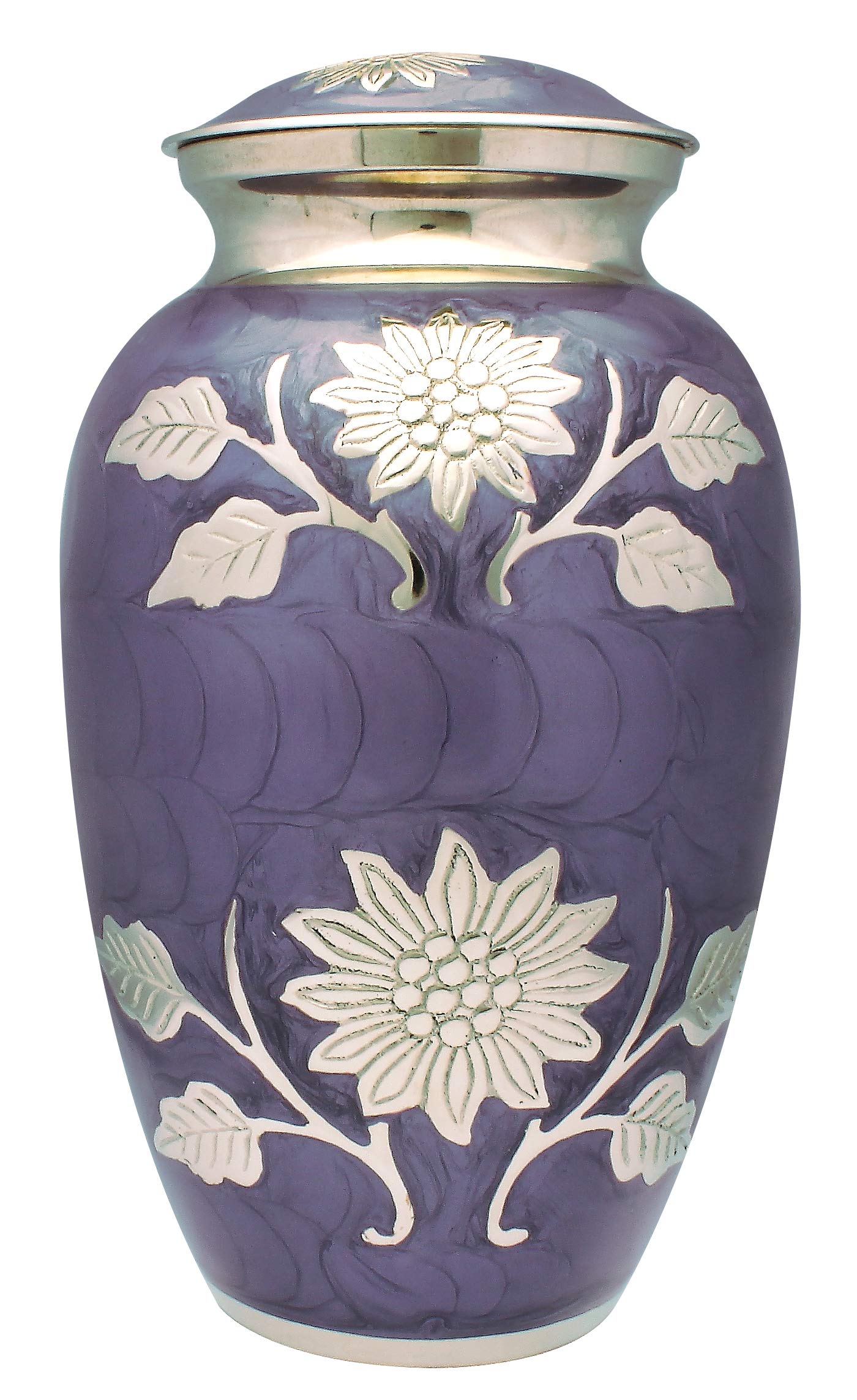 Urnswithlove Purple Cremation Urn For Adult Human Ashes – Elegant Aluminium Metal Funeral Vessel Featuring Silver Sunflower Embossing – Memorial Container Holds Body Ashes Up To 90Kg Or 14 Stone (Purple)