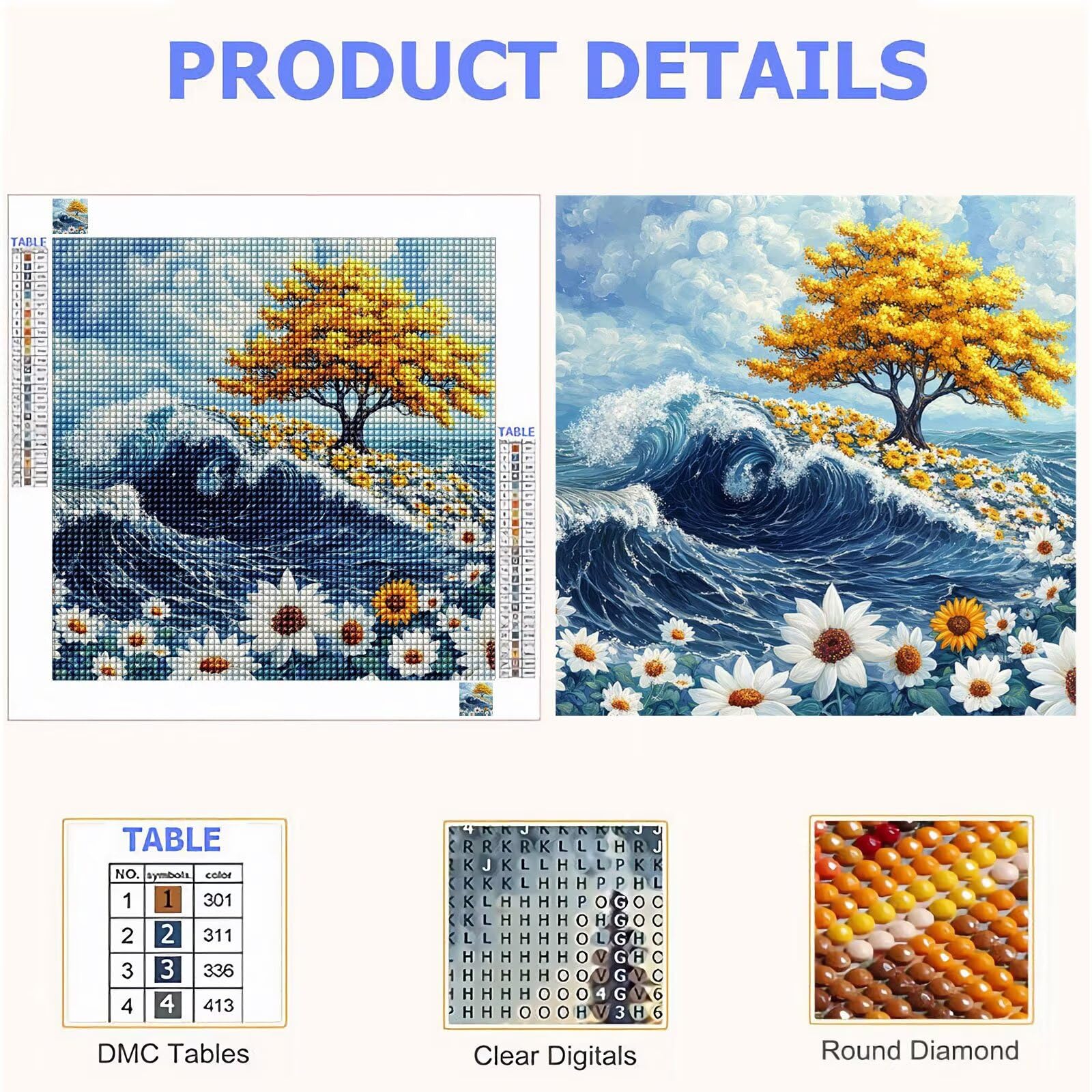 Broderie Diamant Kit Complet 5D, Fleur Diamond Painting Adulte Plein Foret, Peinture Diamant pour Enfant Débutant, Loisirs Créatifs de Détente et Décoration Maison, Vue sur la mer 100x100cm FX#601