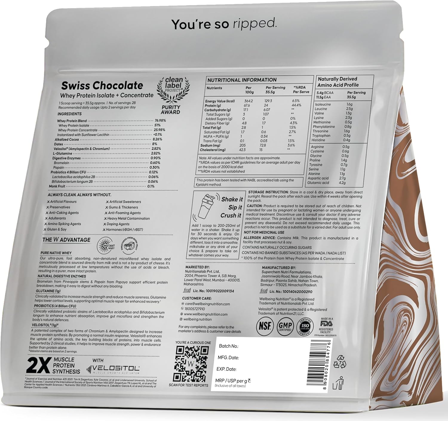 WELLBEING NUTRITION Whey Protein Isolate + Concentrate (Swiss Chocolate) | 24g Protein, 11.5g EAA | Clinically Proven 2X Muscle Protein Synthesis| 4B CFU Probiotics & Digestive Enzymes | 1kg