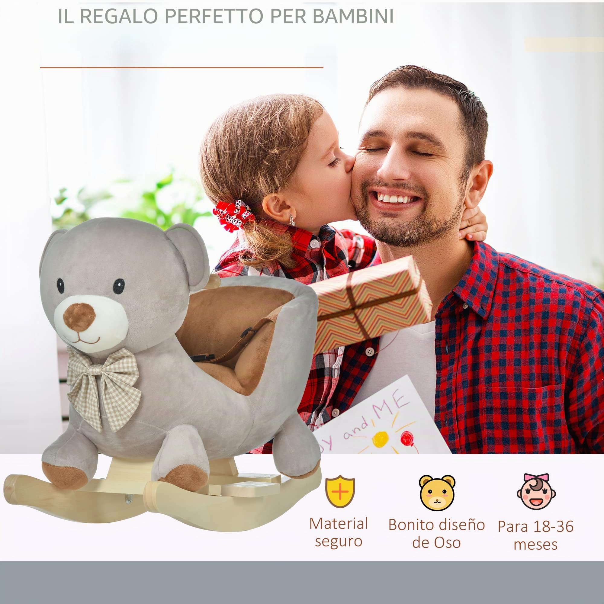HOMCOM Cavallo a Dondolo a Forma di Orso con Suoni, Cavalluccio a Dondolo per Bambini 18-36 mesi Interattivo, Grigio, 60x33x50cm