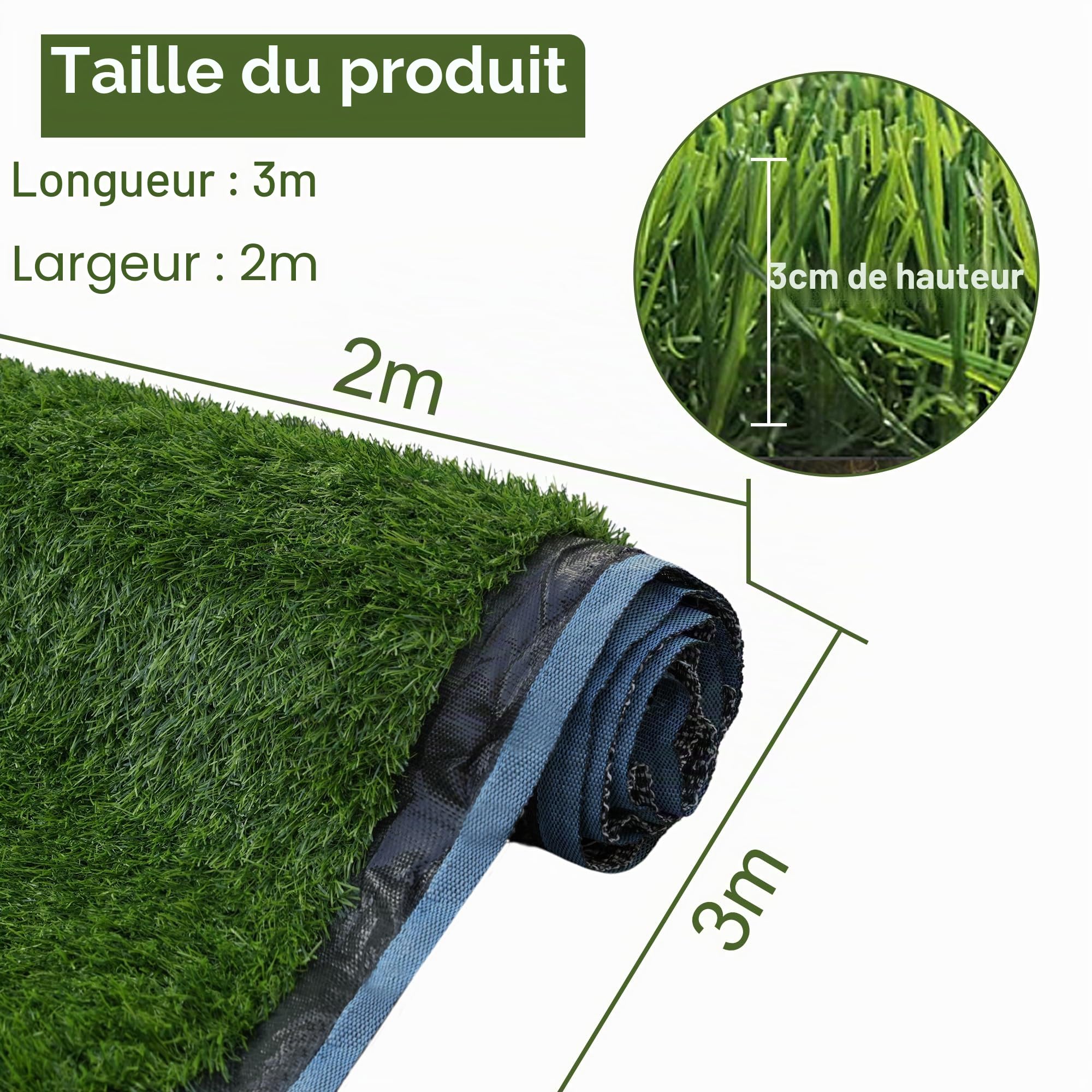 Nisorpa Tapis de gazon artificiel d'extérieur - 2 x 3 m - Gazon artificiel de 30 mm de hauteur - Rouleau de gazon synthétique perméable à l'eau - Pour l'extérieur, le balcon, le jardin, la terrasse