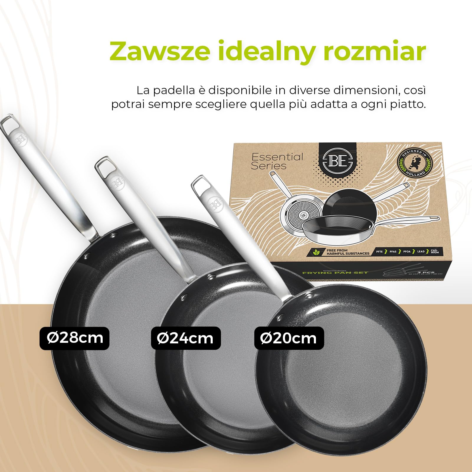 BE living Zestaw patelni ze stali nierdzewnej – Ø 20, 24 i 28 cm – ceramiczne – indukcyjne – bez PFAS, nieprzywierające – patelnia – seria Essential