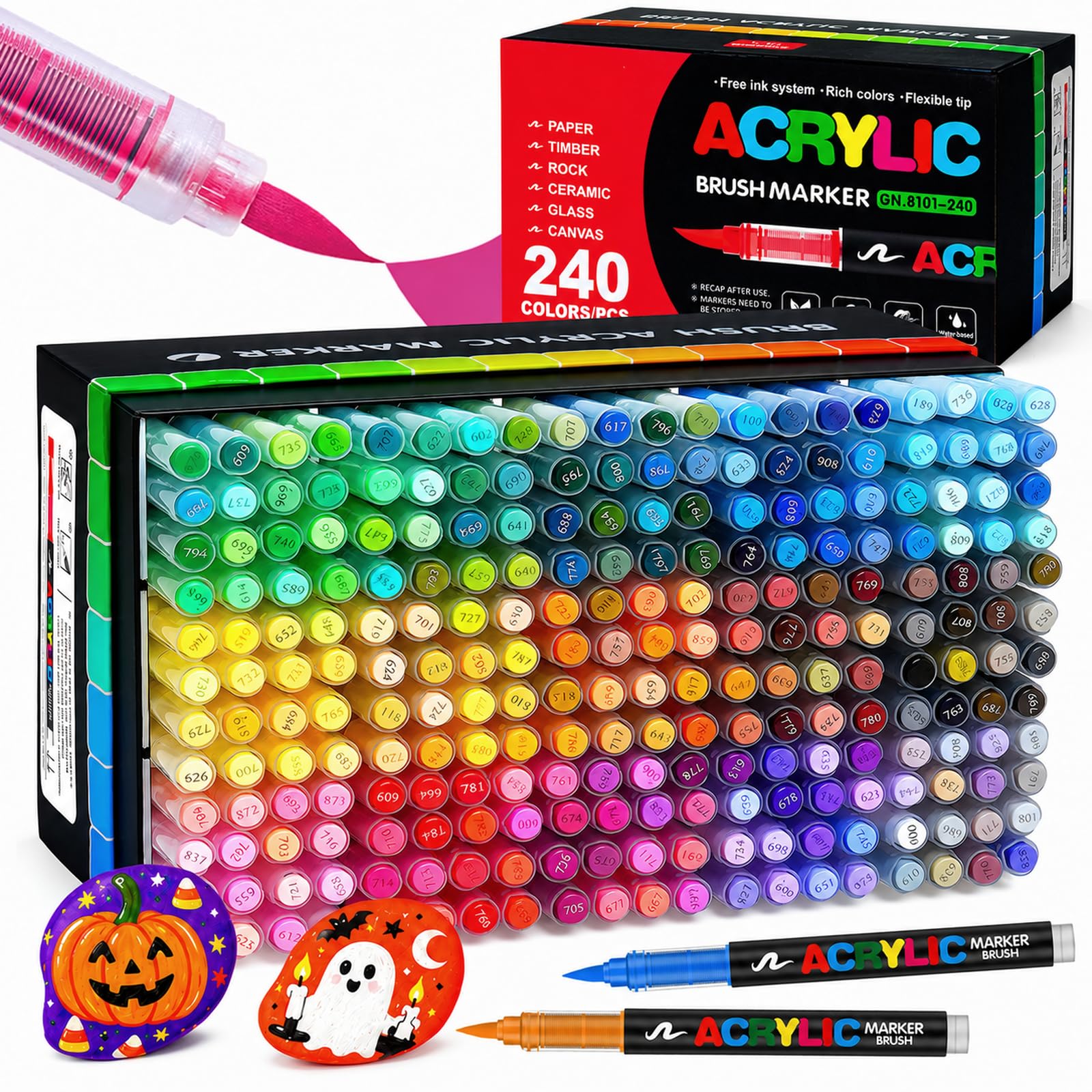 Efimeso 240 Colori Pennarelli Acrilici, Pennarello Vernice Acrilica a Pennello a Base Acqua, Pennarello Vernice Acrilica per Roccia, Tela, Legno, Pietra, Ceramica, Vetro, Tessuto