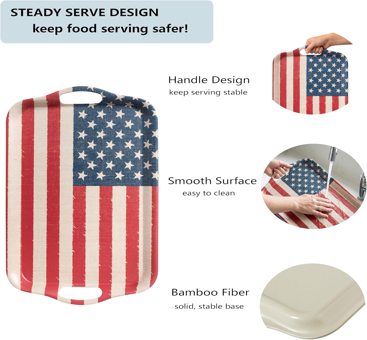KINGEN 2-Pack Patriotic Bamboo Fiber Serving Trays - 18×13-inch Extra Large w/Handles Tray, Stars & Stripes Platters for 4th of July, Christmas, Birthday, BBQ, Party - Red, White & Blue Decor