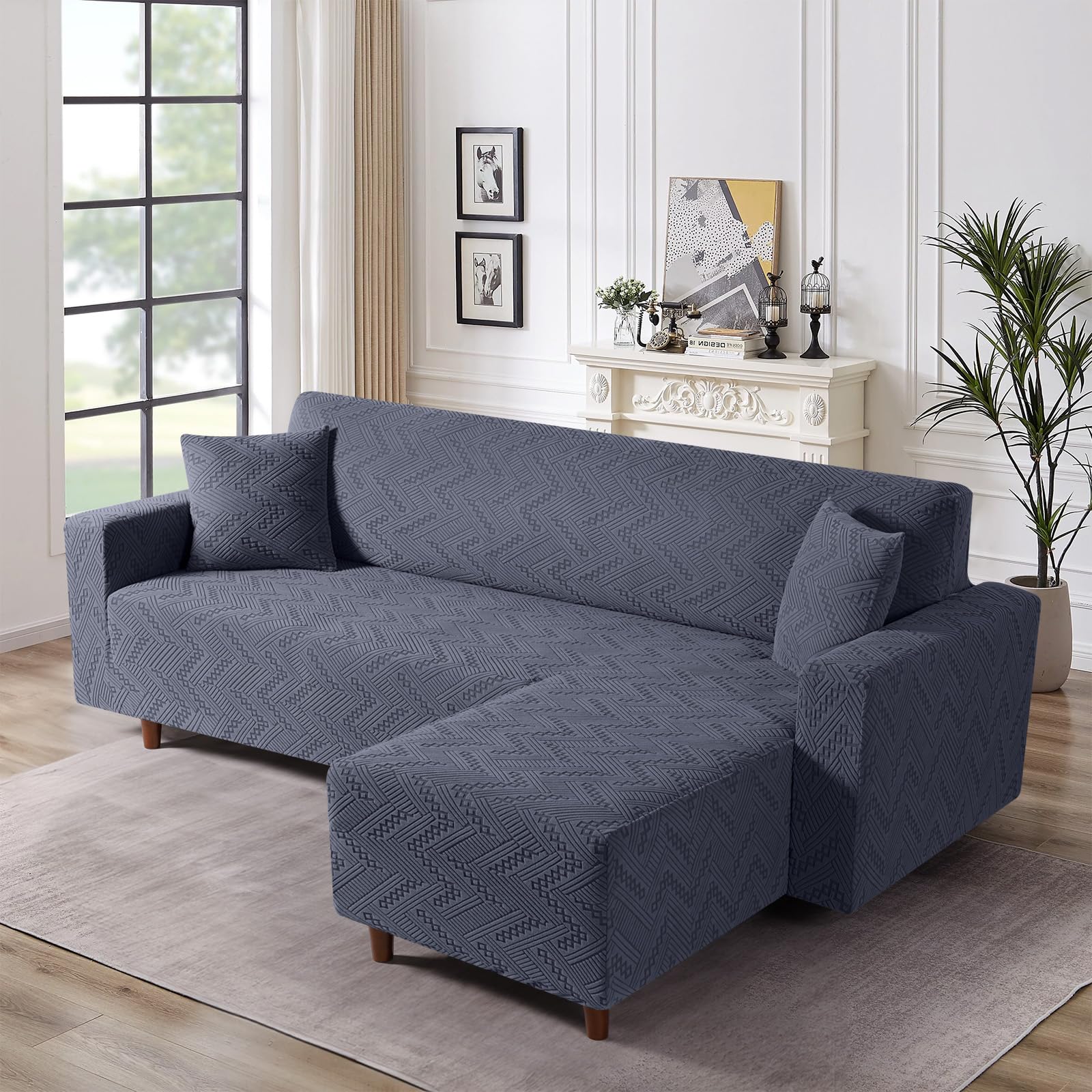 Ruaozz Stretch Couch Cover L Shape 1 Piece Sofa Cover with Right Chaise Lounge L Shape Sofa Slipcover Washable Soft Jacquard Couch Slipcover with 2 pcs Throw Pillow Covers, Grey