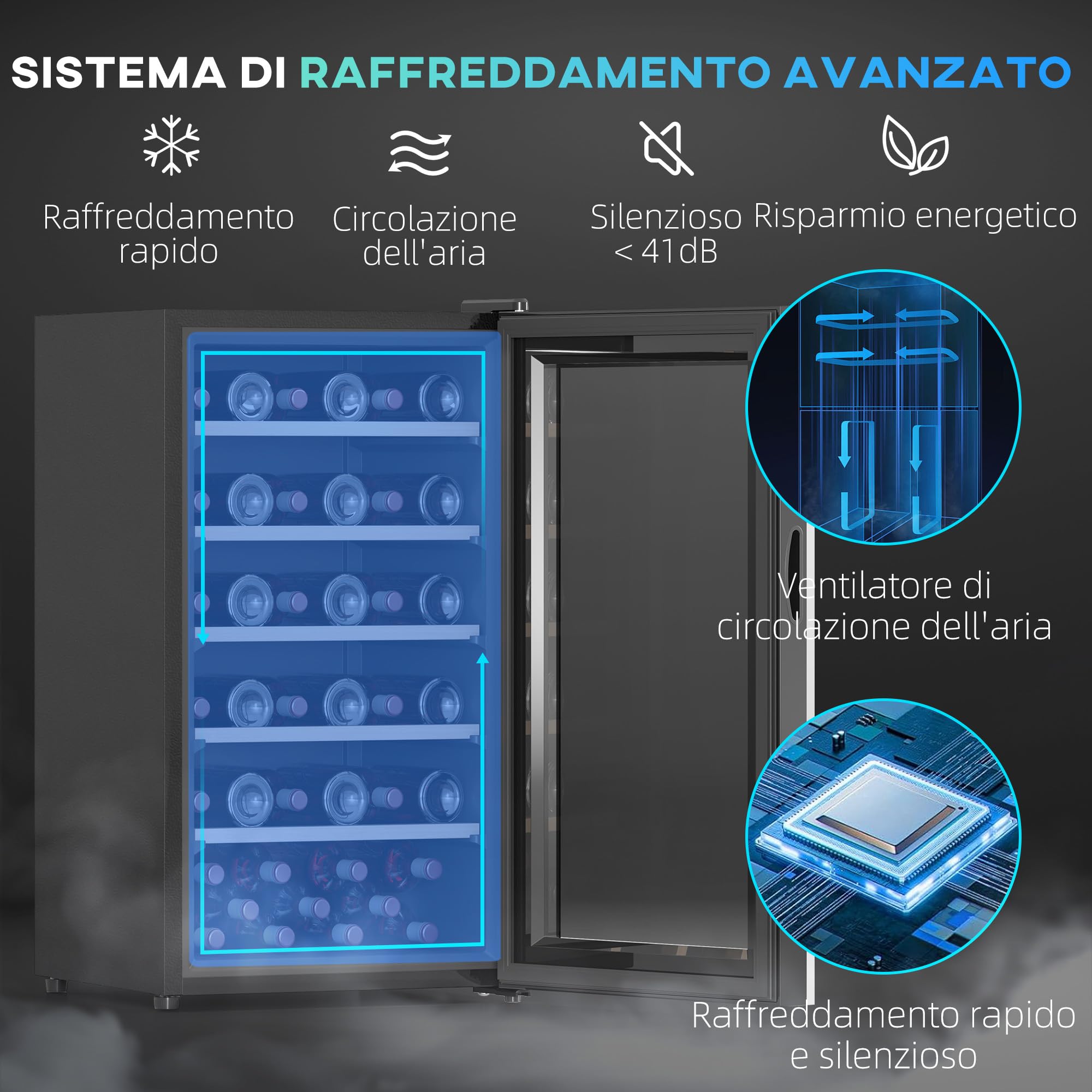 HOMCOM Cantinetta Vino Refrigerata 41 Bottiglie 91L Cantina Vino Silenziosa Temperatura Regolabile 5-20℃ Frigo Vino Bar con Vetro Anti UV, Ripiani, Compressore, Display Touch, Luci LED, Classe G, Nera