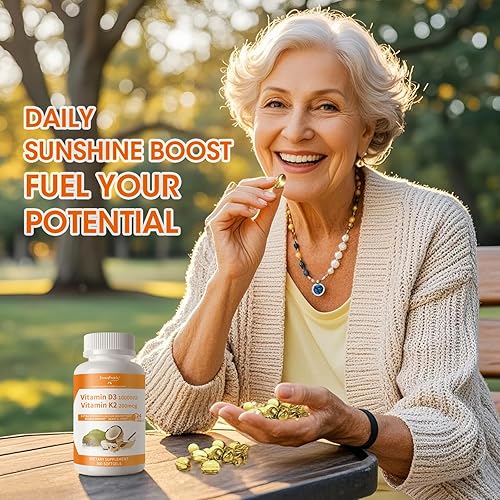 Miniatura 8 de Suplemento de vitamina K2 D3, vitamina D-3 y K-2 MK-7, 10,000 UI200 mcg, con aceite de coco MCT virgen sin OMG  300 cápsulas blandas veganas  Salud