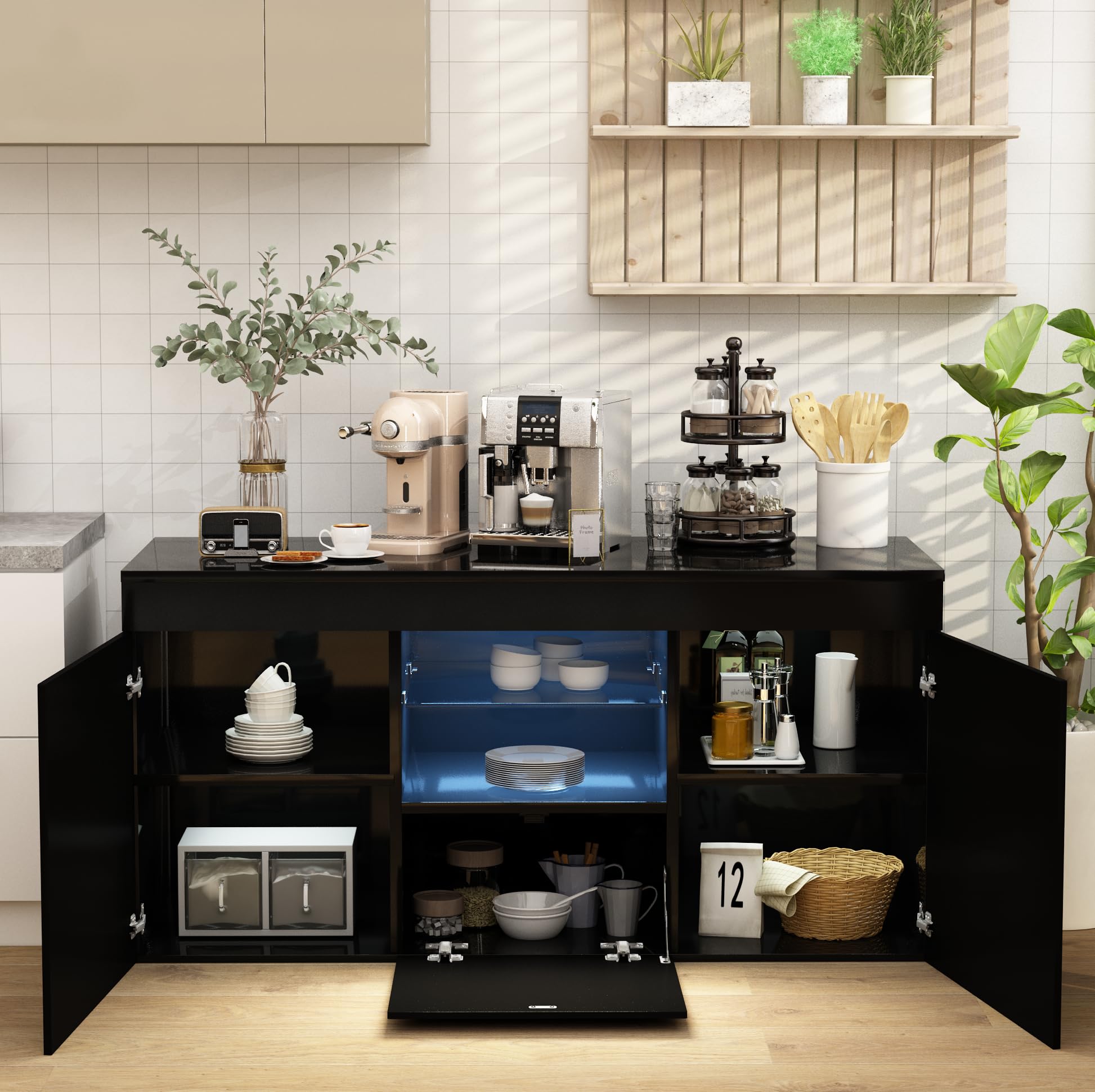 Lamerge Sideboard Buffet Cabinet,Led TV Stand with Storage,High Glossy Panel, UV Coated,TV Table,Kitchen Cabinet, Bar Cabinet. 53.1" L×13" W×28" H,Black