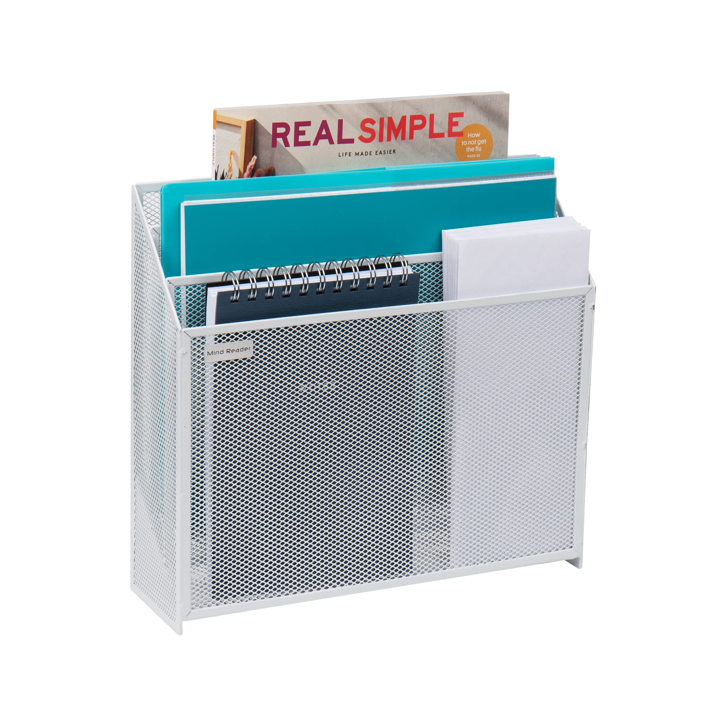 Mind ReaderNetwork Collection, 3-Tier Vertical File Storage Basket, Letter Size, Folders, Documents and Magazines, Desktop Organizer, Metal Mesh, 3.75" L x 12.5" W x 11.5" H, White