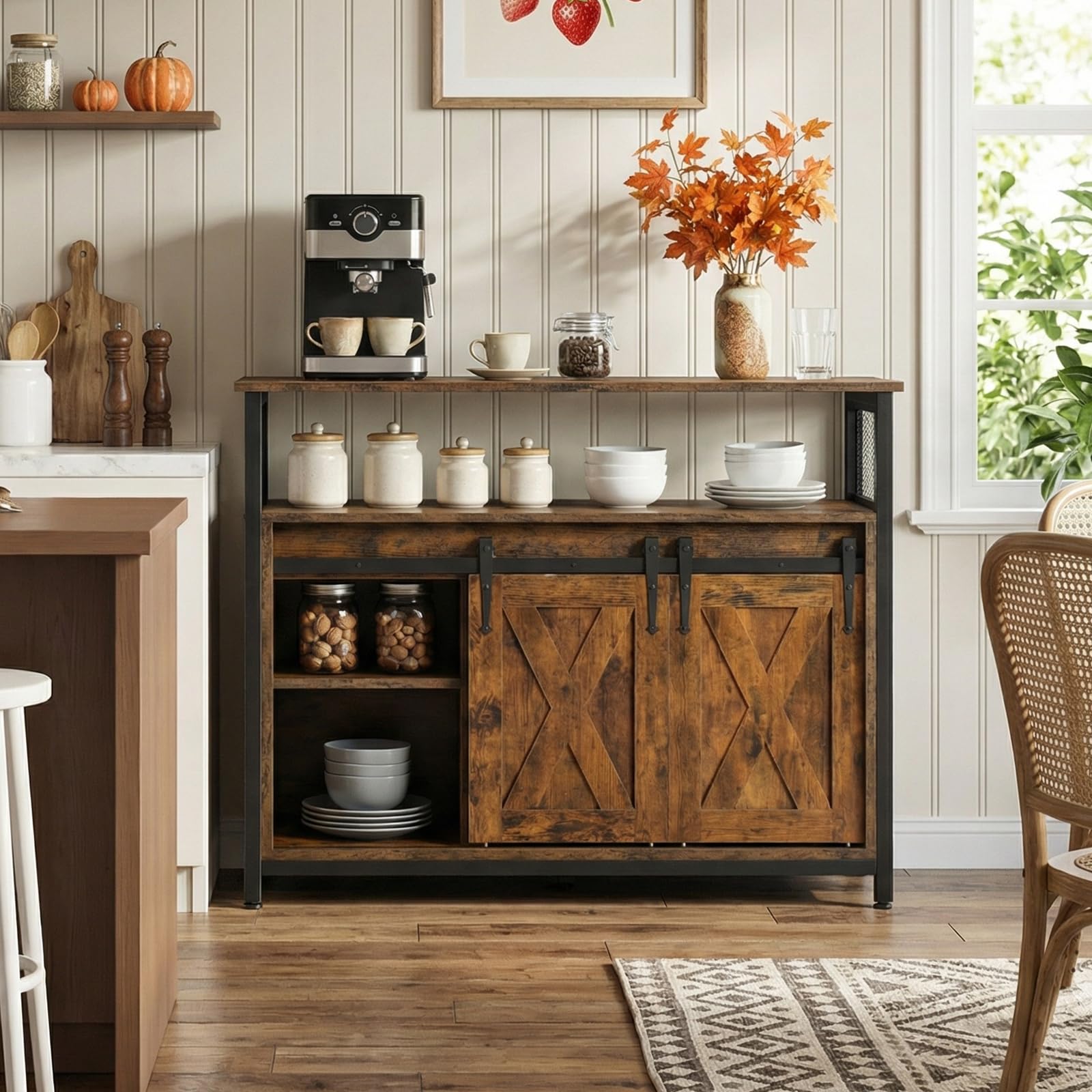 Sideboard, Küchenschrank, Aufbewahrungsschrank, 100 x 33 x 80 cm, mit 2 Schiebetüren, verstellbare Ablagen, Landhausstil, für Wohnzimmer, Esszimmer und Küche, vintagebraun-schwarz