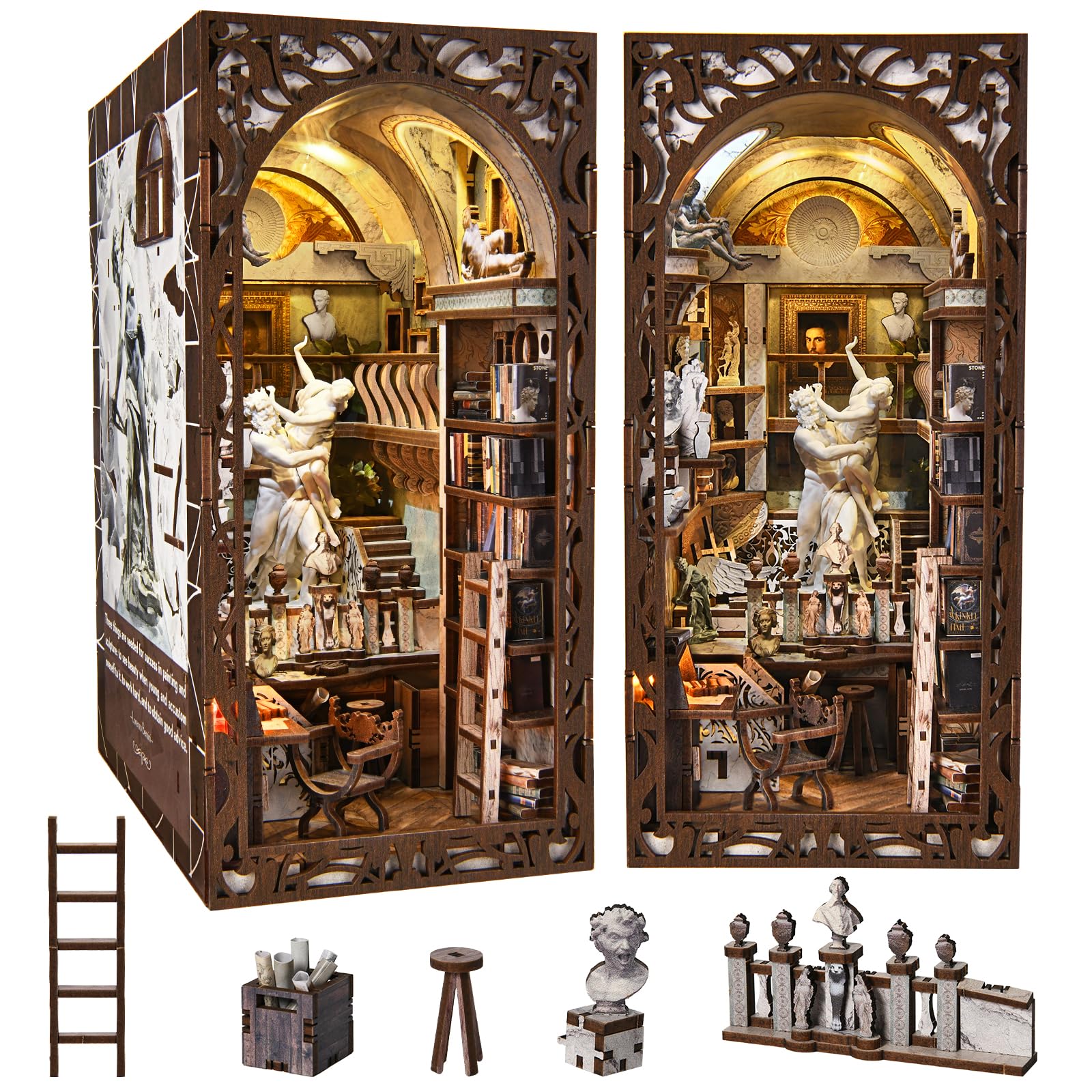 MiniCity Book Nook Kit, DIY Doll House Booknook, Miniature Kit for Bookshelf Doll Houses for Adults Teen Halloween, 3D Wooden Puzzle Bookends with Led Light and Dust Cover (Bernini's Workshop)