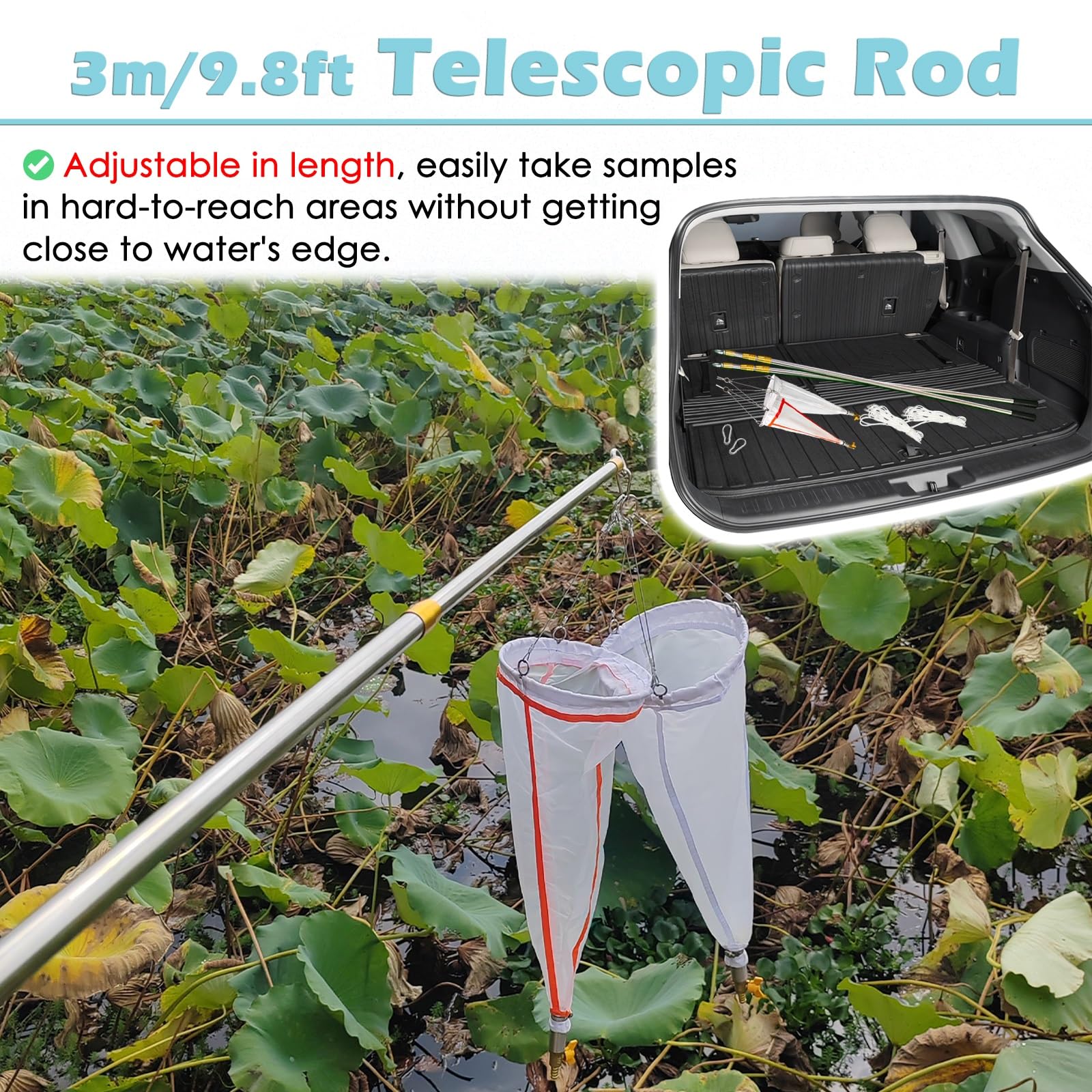 112/64 Micron Student Plankton Nets - 24 in Length, Fine Mesh Experimental Nylon Phytoplankton Zooplankton Sampling Collection, with Retractable Pole & Sample Rope(125 Mesh - 13#)