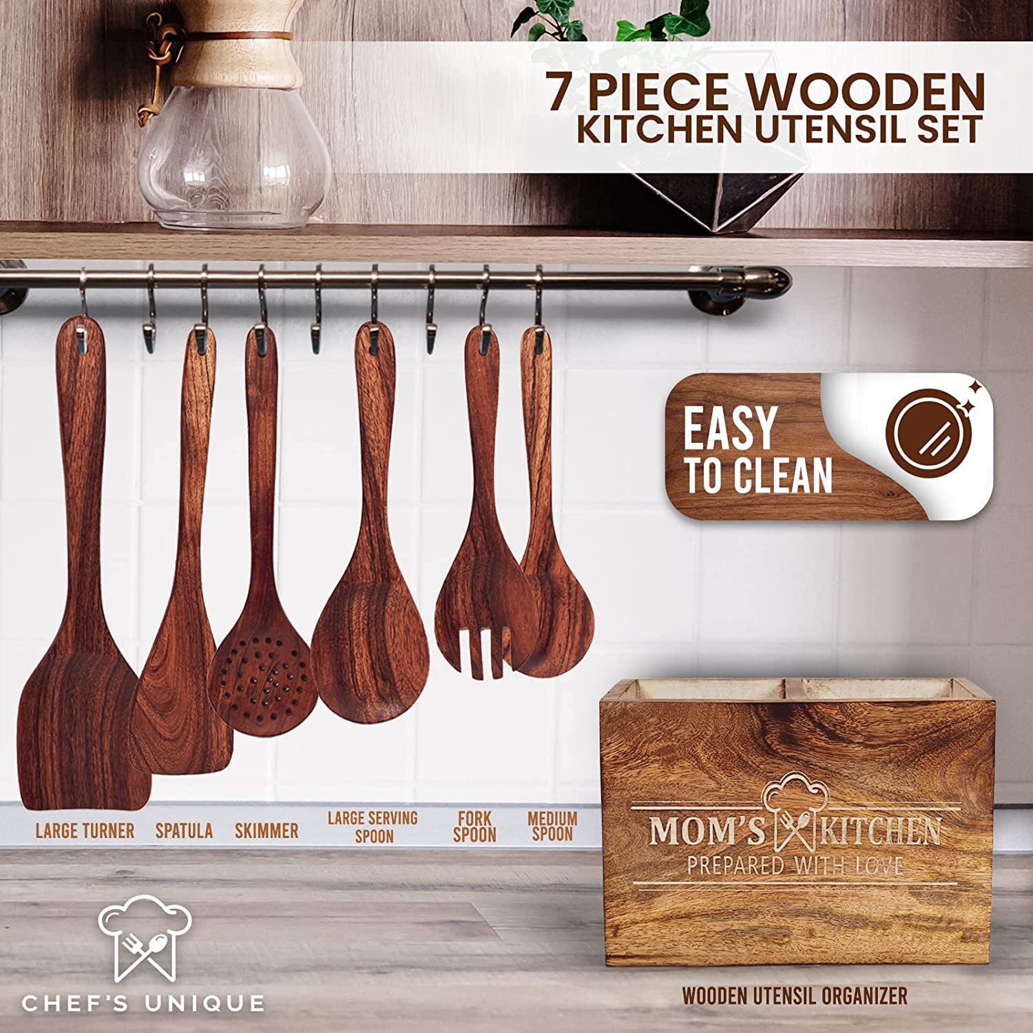 Küchenhelfer-Set aus Akazienholz mit Halterung für Kochen, natürliches Holz-Küchenutensilien-Set mit Spatel und Küchenutensilienhalter Caddy für Arbeitsplatte
