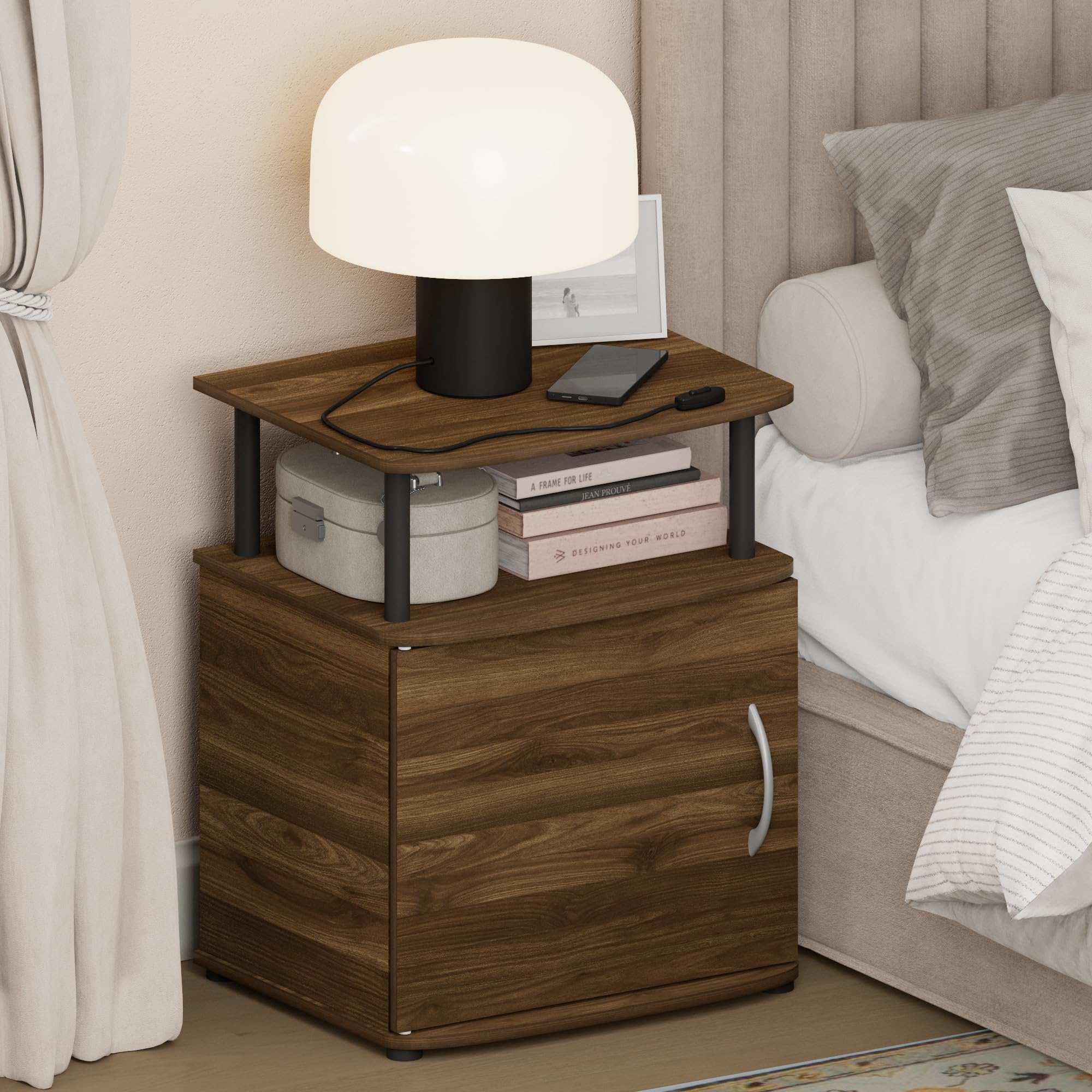 Furinno JAYA Night Stand with Door, Nightstand with Open Shelf and Door Cabinet, Round Corner Bedside Table, Side Table, End Table, for Bedroom, Closet, Living Room, Amber Pine