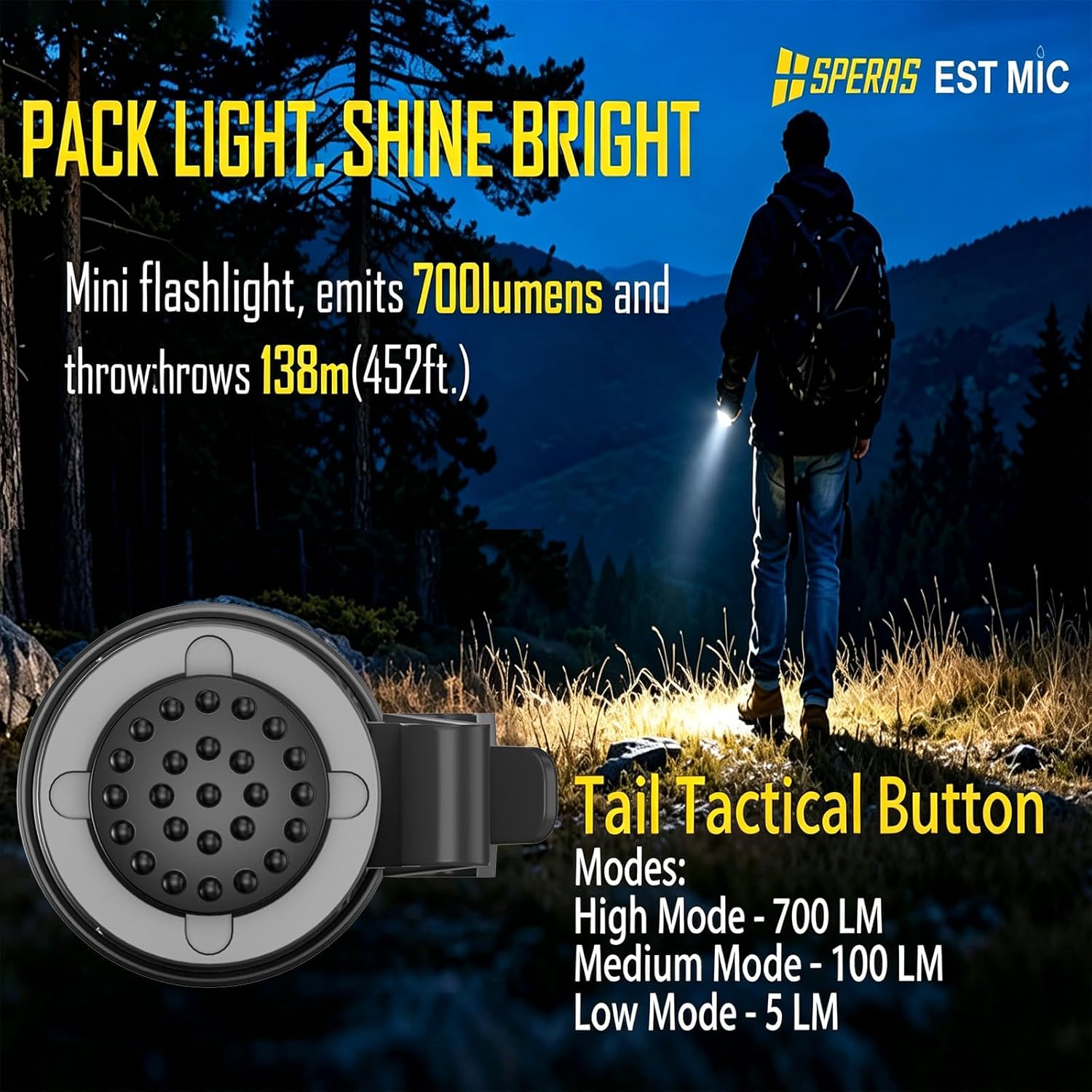 JETBeam SPERAS EST MIC EDC Flashlight, 700 Lumens Rechargeable Tactical Pocket Light with Two Way Clip, IP68 Waterproof USB-C Mini Flashlight, 3 Modes 138m Beam for Camping Hiking Emergency, Black