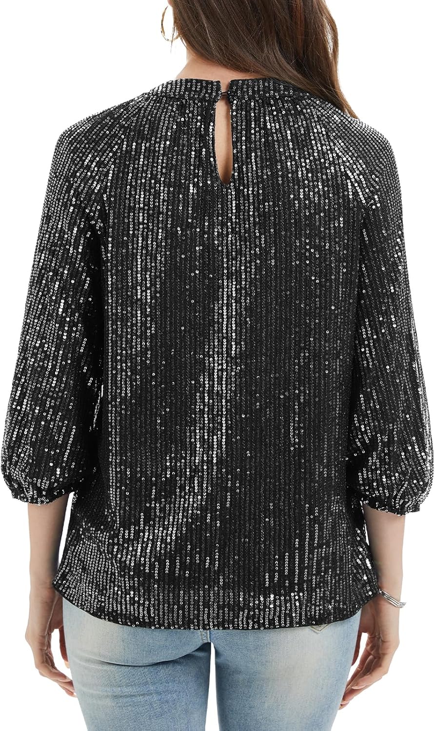 Women's Elegant Sparkly Sequin Tops 3/4 Sleeve Glitter Dressy Keyhole Blouses Club Party Tops
