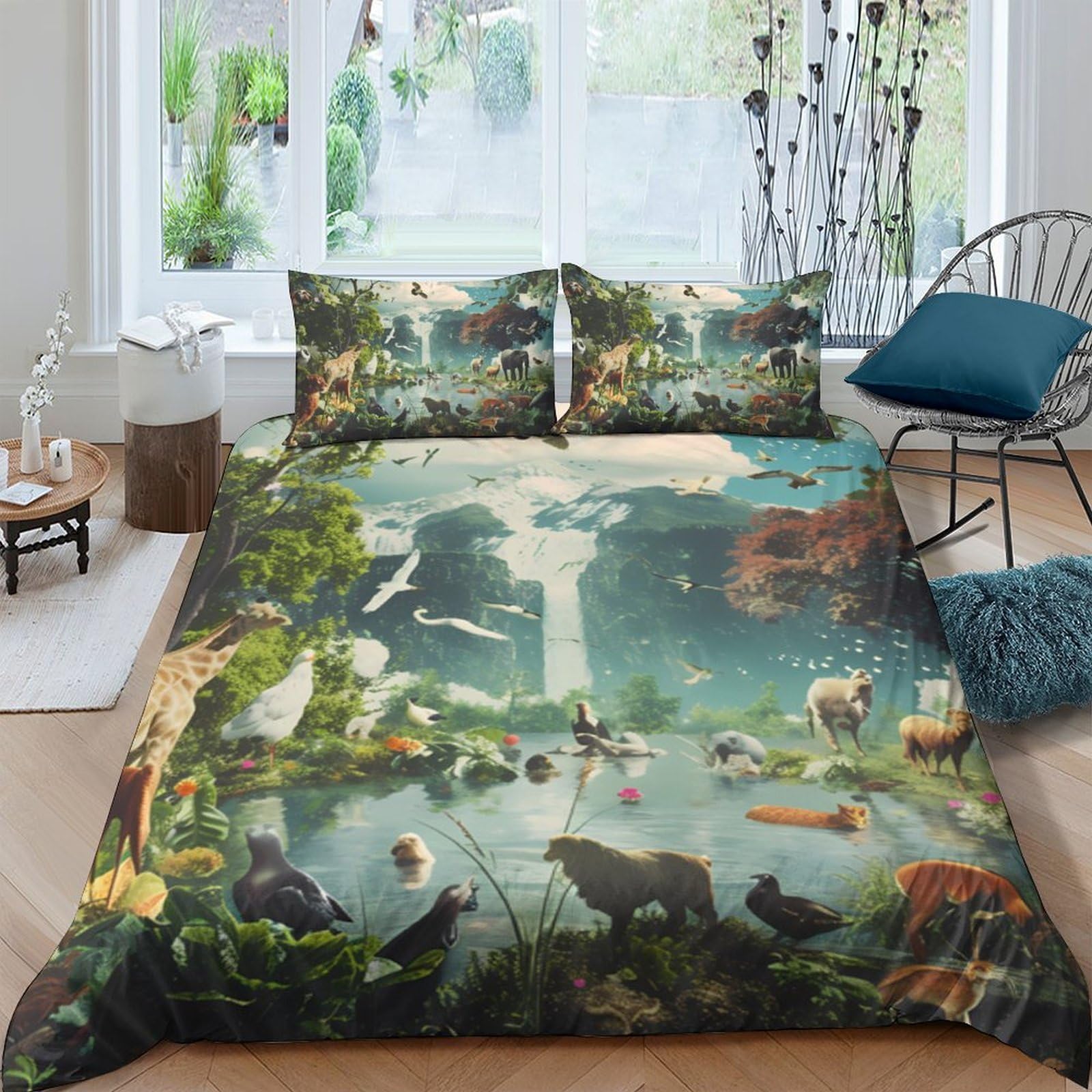 Ctjqhvkz Style-4 3D Printed Forest Animal Paradise Fitted Sheet Microfiber Soft Bed Cover Nature Lake Bedroom Decor Single（135X200cm）