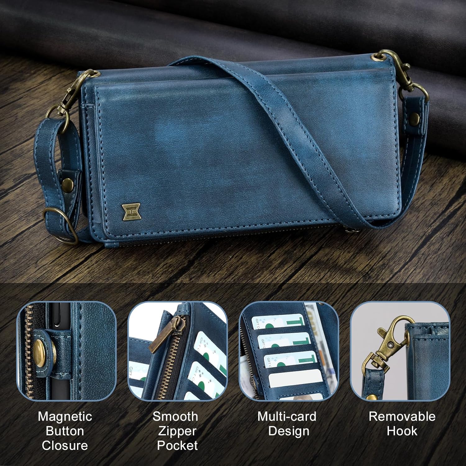for iPhone 15 Pro Max Wallet Phone Case with 8 Card Holder,RFID Blocking | PU Leather | Kickstand | Flip | Wrist Strap&Shoulder Strap | Shockproof | Zipper Wallet | Women Men | 6.7" | Blue - Image 4