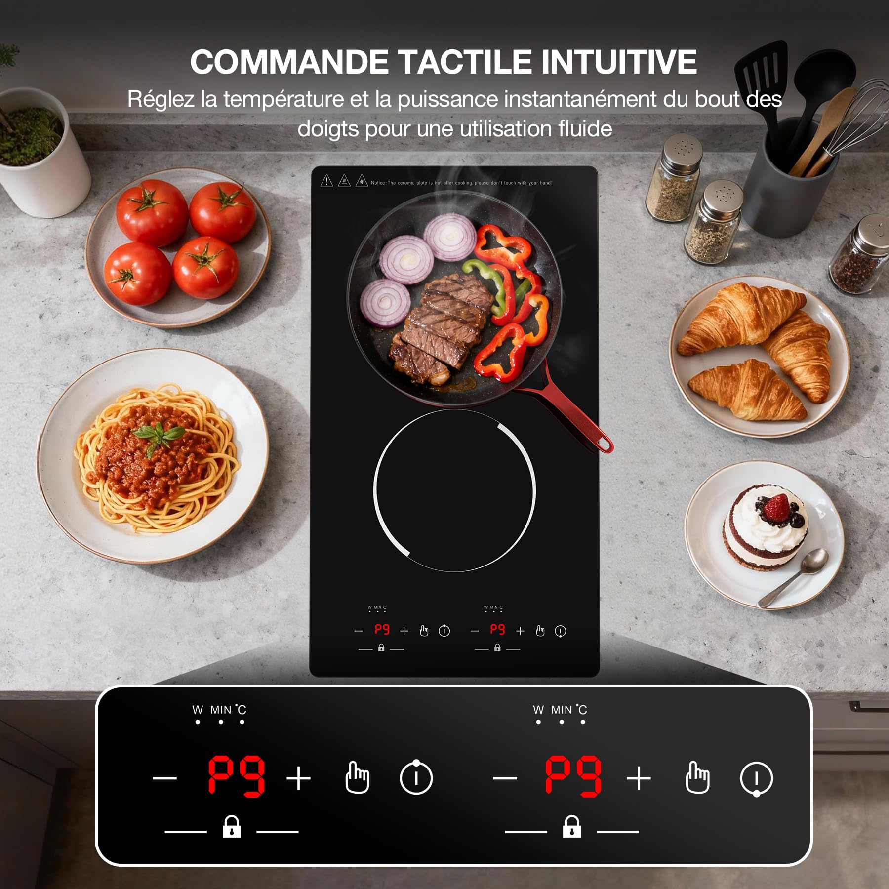 Plaque Induction 2 Feux 3000W 30cm Encastrable Pose Libre avec Minuterie Alerte Chaleur