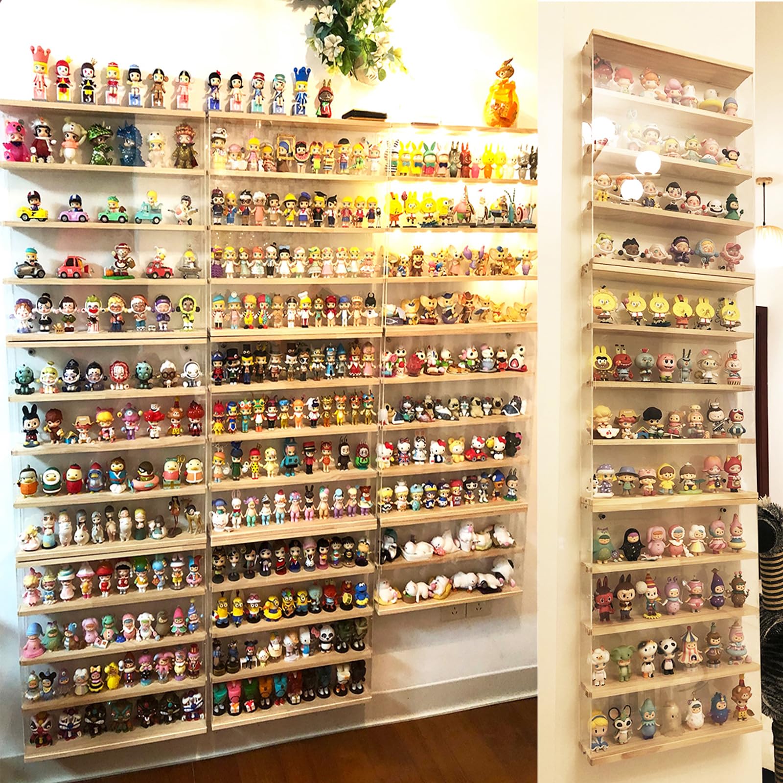 Vitrine Murale pour Collection, Figurine, Mini Voiture Collection, Objet Manga, 3 étages Acrylique Vitrine avec Couvercle et Base en Bois, Déco Boîte Plexiglas pour Salon