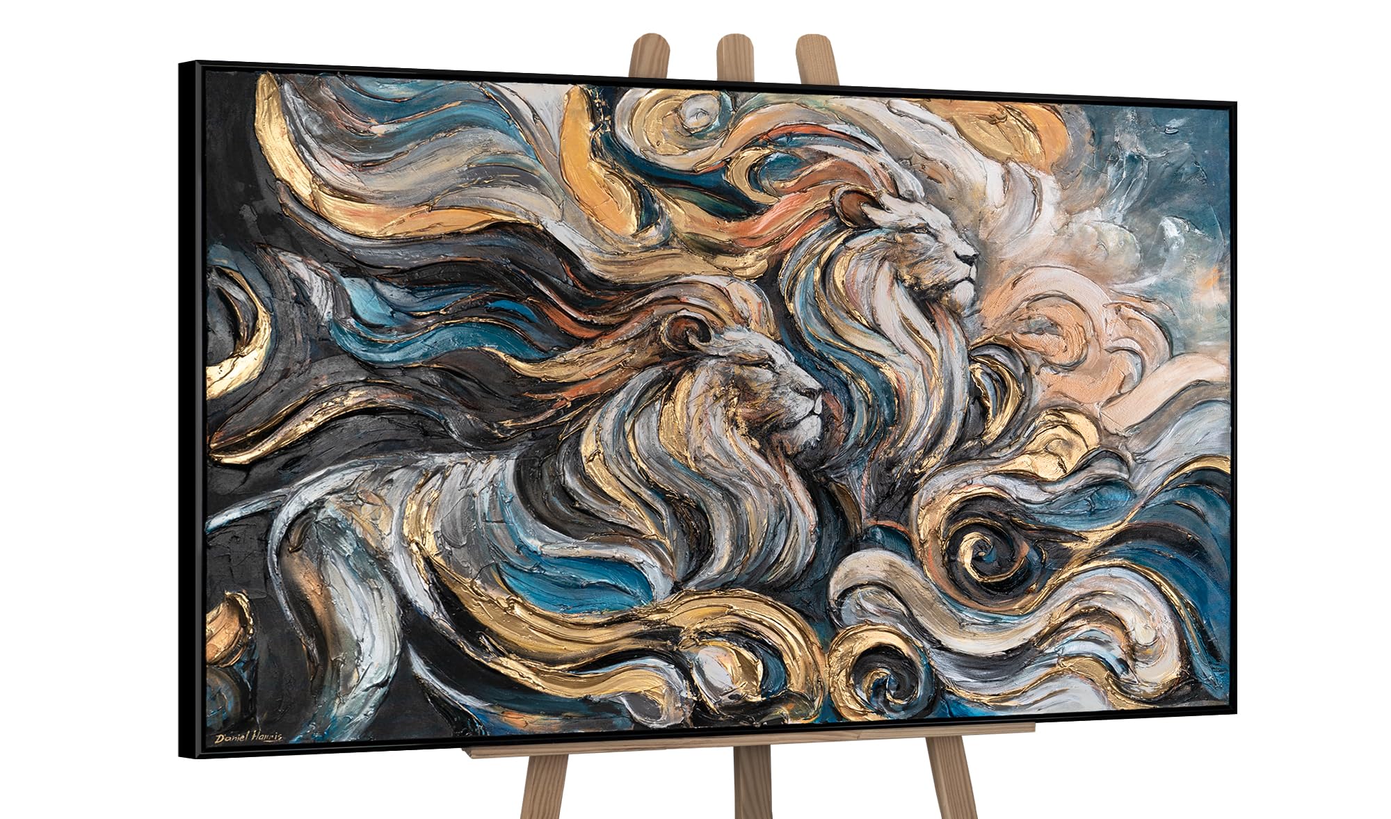YS-Art Original Handmade Painting – Lion Abstract in Gold and Blue, Textured Acrylic Artwork on Canvas, Framed Modern Wall Decor for Office 48x32 inch