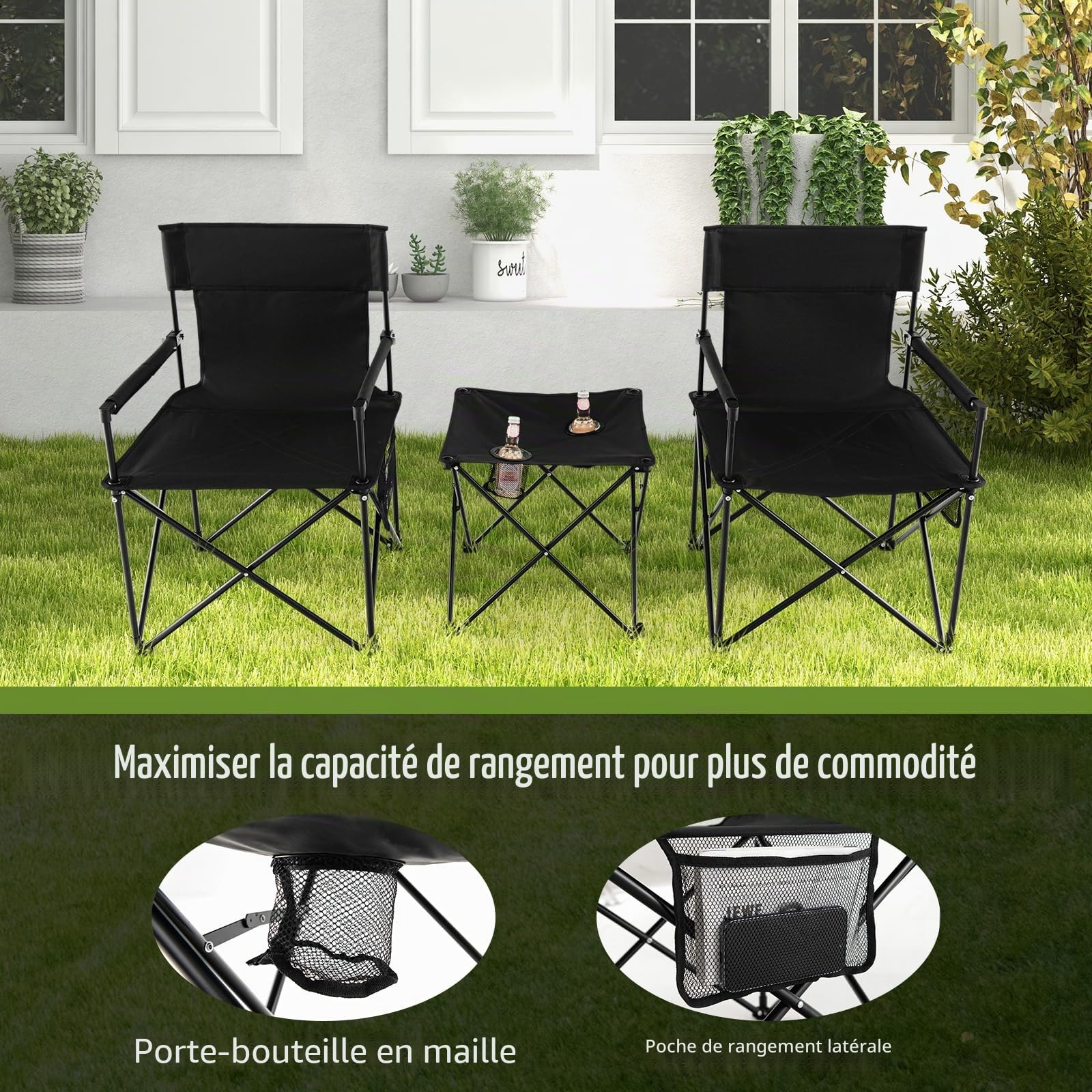 GIANTEX Chaise de camping pliante avec table, chaise de pêche, chaise de plage dans sac de transport, chaise de pêche pliable, table avec porte-gobelet, chaise de directeur, chaise de jardin pliable