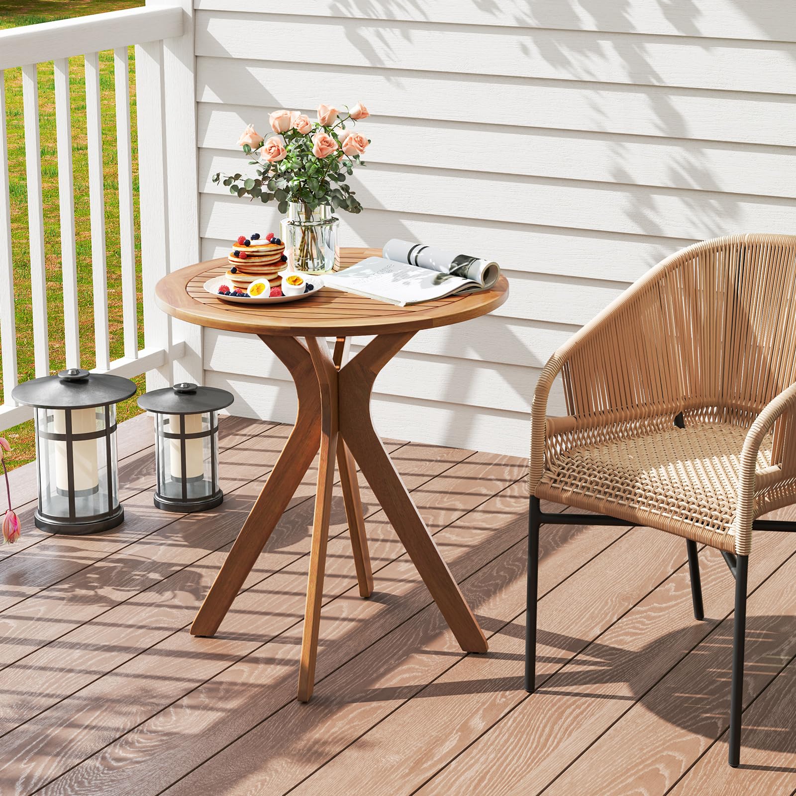 COSTWAY Mesa Auxiliar de Madera para Patio, Mesa de Jardín Redonda de 70 cm con Base de X, Mesa Auxiliar de Café para Jardín, Patio, Sala de Estar