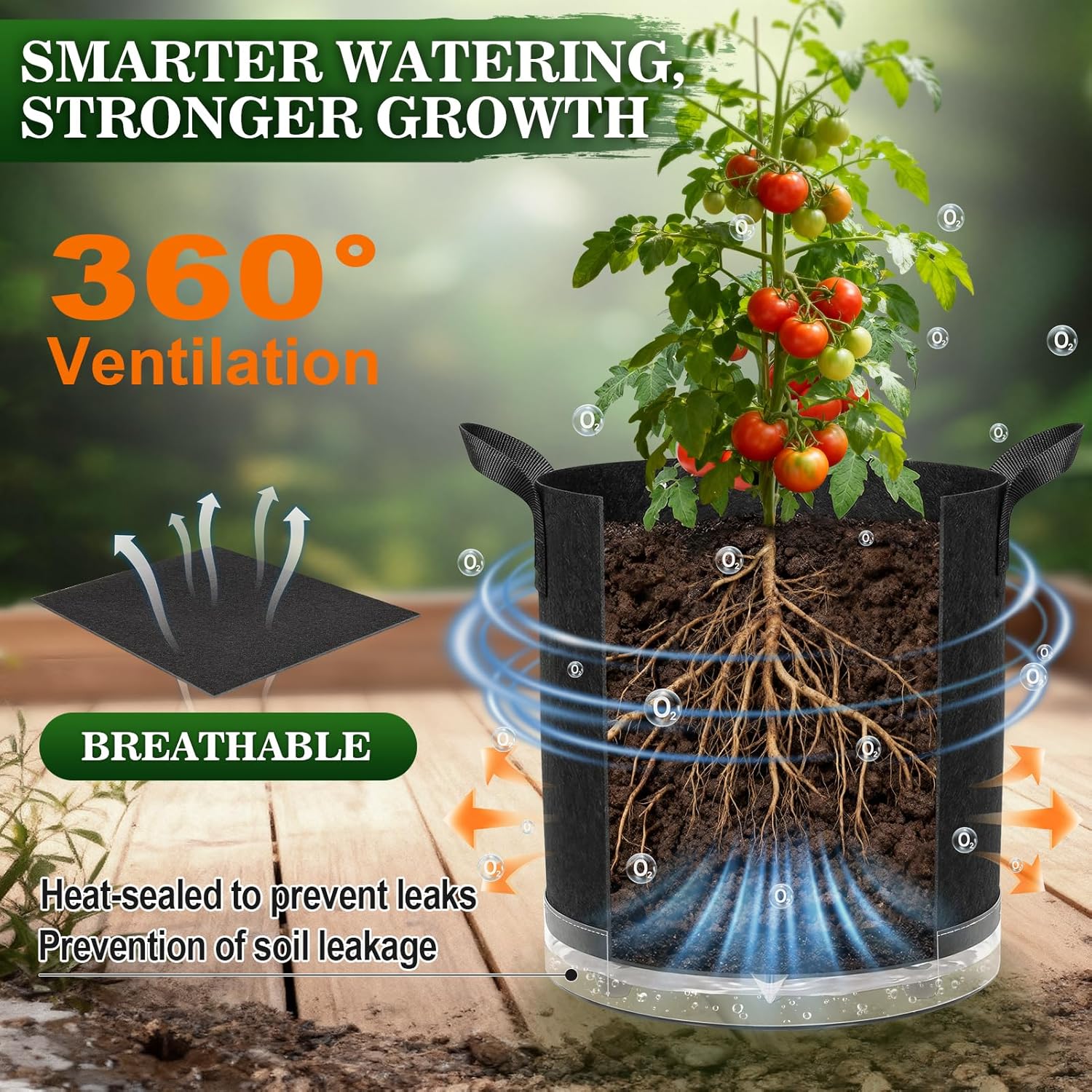 3 Pack 7 Gallon Self-Watering Grow Bags, Thick Nonwoven Fabric Pots with Support Rings and Reinforced Handles, Self-Watering Planters with Bottom Reservoir for Tomatoes Peppers Potatoes and Vegetables