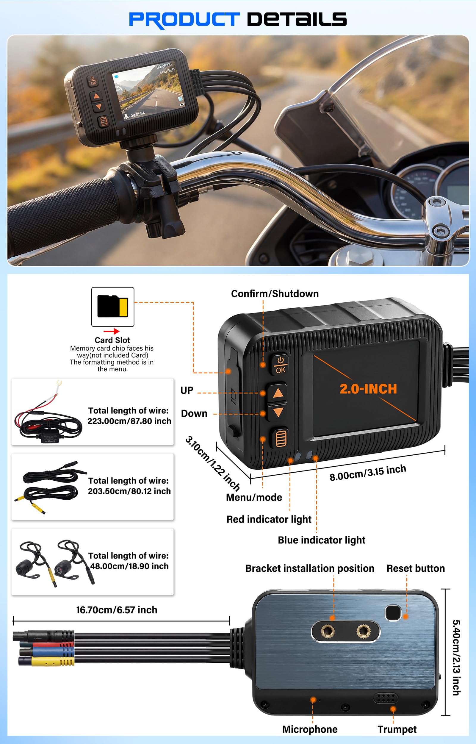 CAMECHO 1080P HDR Dashcam per Moto con Telecamera Anteriore + Posteriore, Sensore G Dash Cam Moto con Registrazione in Ciclo, IP67, Schermo IPS HD da 2 Pollici, Supporto Universale per Moto