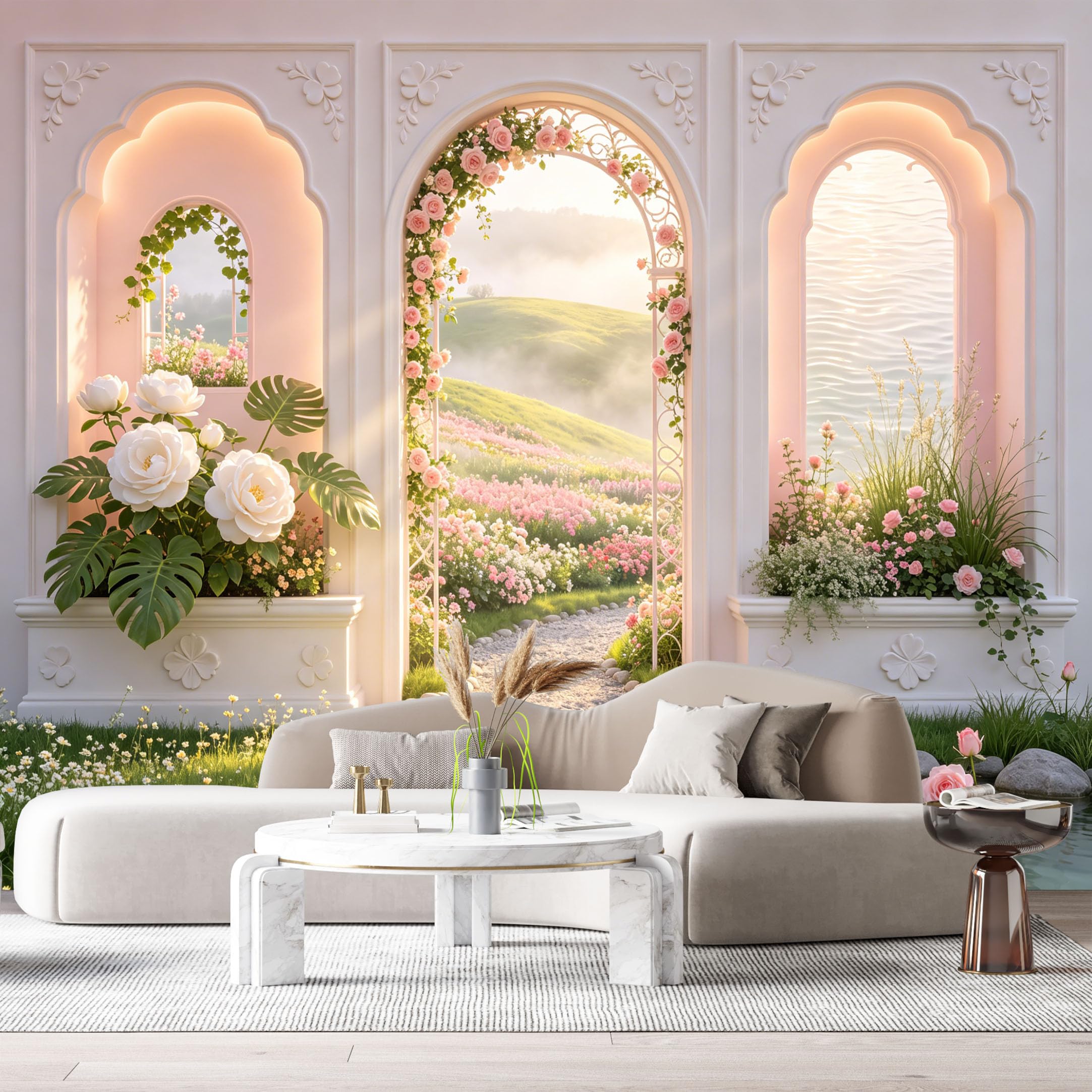 Custom Size Wall Murals Botanical Garden Archway Neoclassical Landscape 3D Trompe Loeil Pink Rose Flower Path SelfAdhesive Wall Fabric Removable Large Wallpaper Photo for Living Room