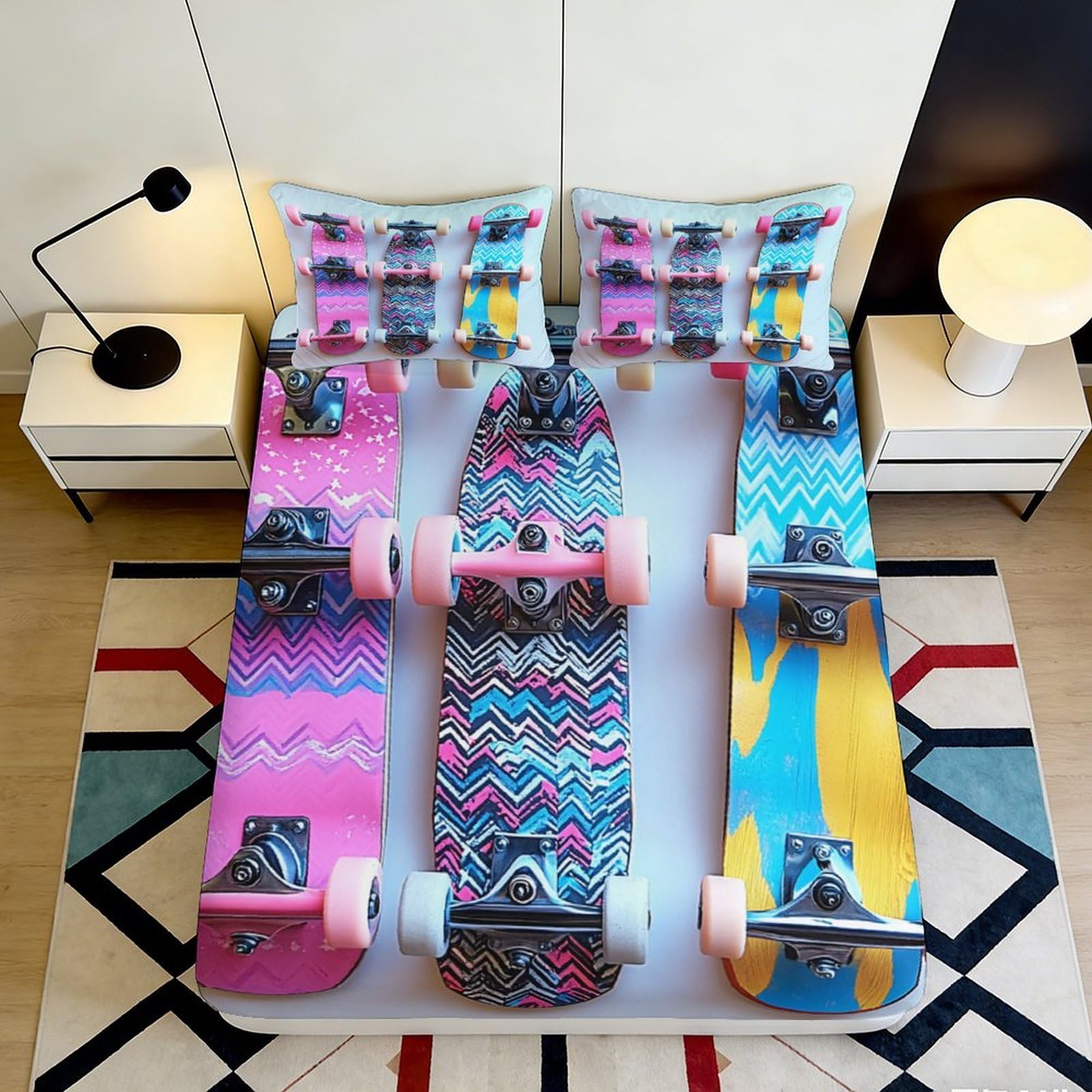 3D Printed Colorful Skateboard Pattern Fitted Sheet Microfiber Soft Breathable Vibrant Design Bed Cover for Bedroom Dormitory Guest Room Mattress Protection 200x200x25cm