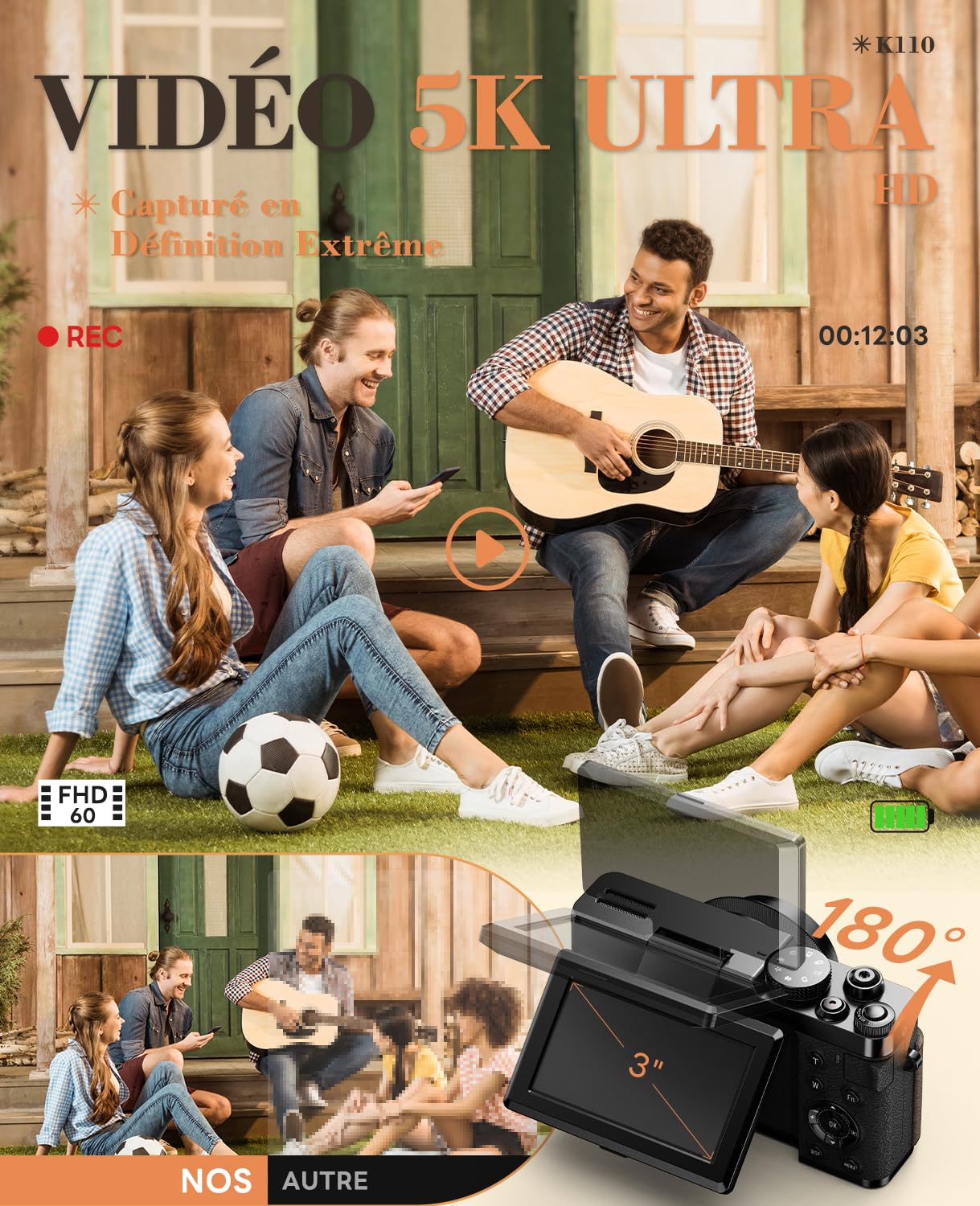 Appareil Photo Numérique 5K 64MP Autofocus Zoom 18x Écran IPS 3" Orientable 180° Carte 64GB 2 Batteries Noir
