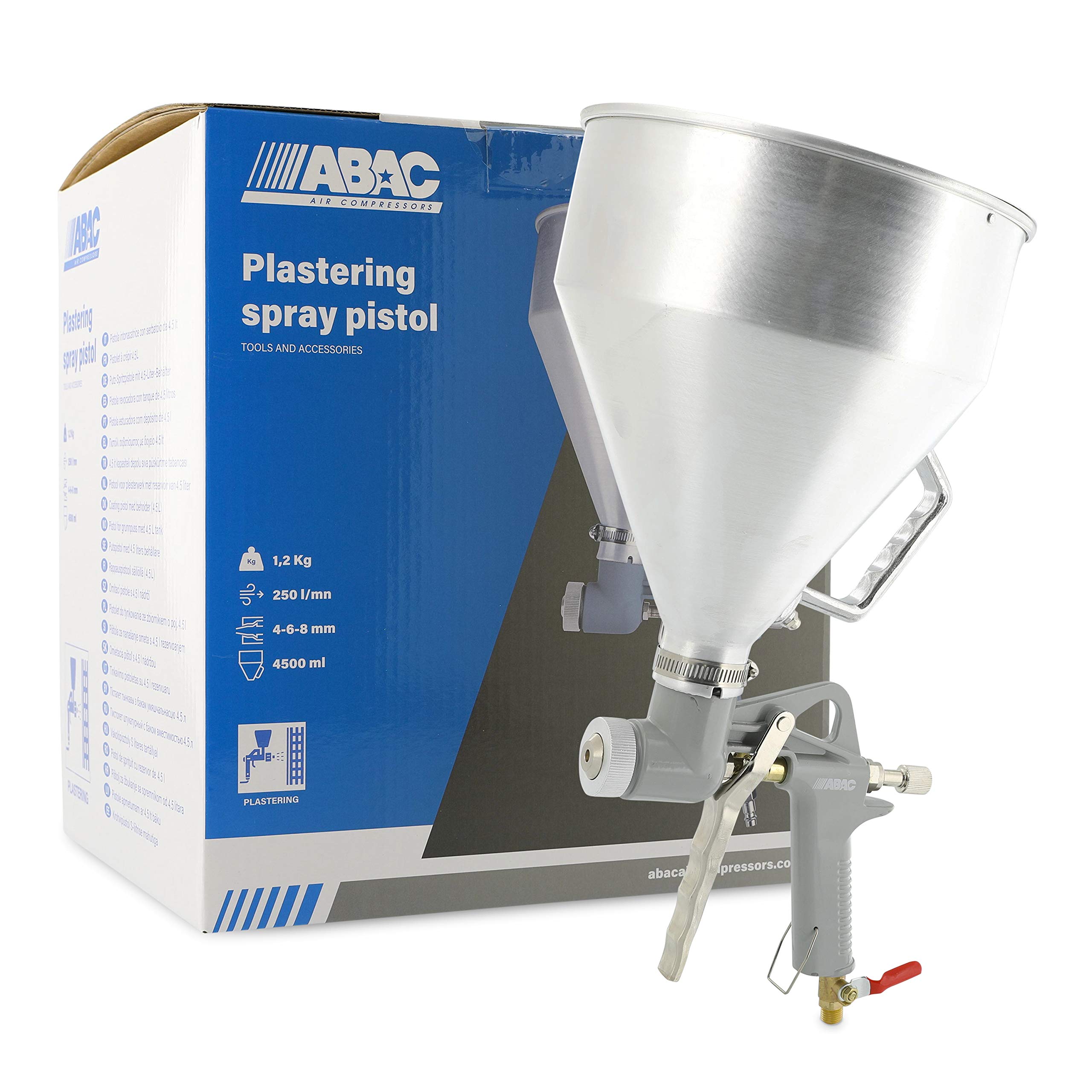 ABAC Pistolet à Plâtre G-534 avec Ventouse de 4500ml, Buses de 4, 6 et 8 mm, Taille Max des Grains de Plâtre de 3 mm, Pression Max de 4 Bars. Taille Du Grain de Plâtre 3 mm, Pression Max. 8 Bar