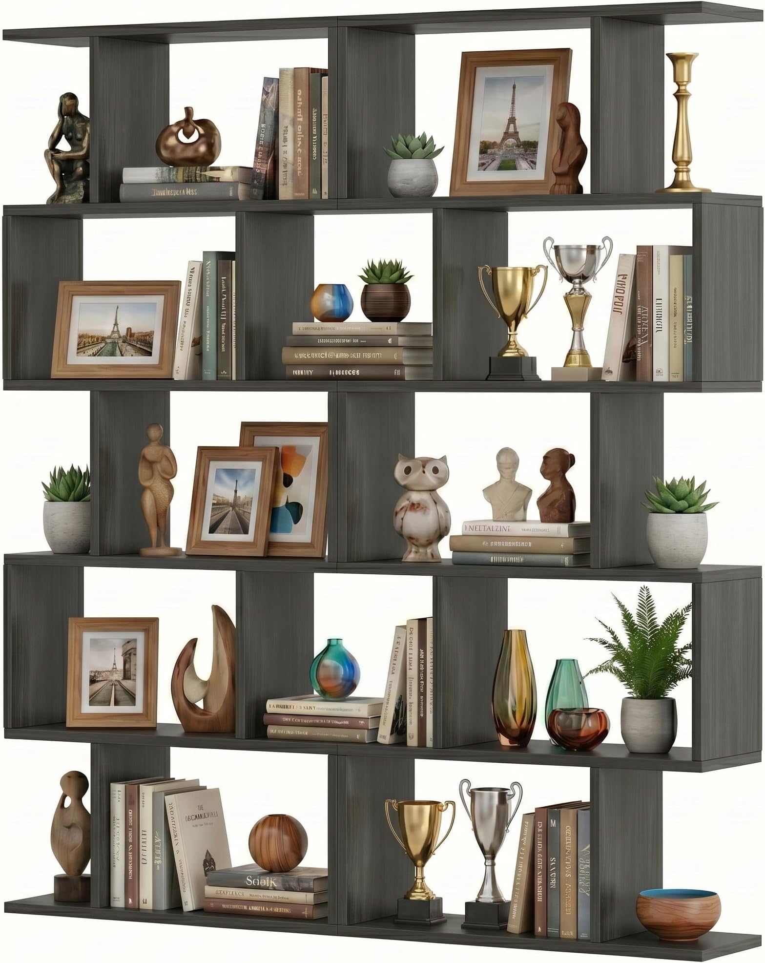DIYART 5-Tier Geometric Bookcase (Set of 2), 63" Tall S-Shaped Bookshelf & Room Divider, Modern Dark Grey Freestanding Display Shelving Unit for Living Room, Hallway, Home Office
